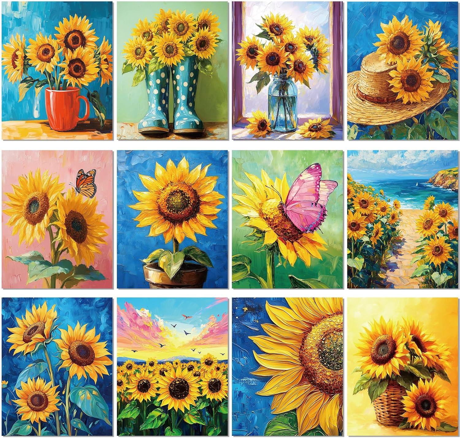 Engrowtic 12 Pcs 8 x 10'' Green Plants Flower Pre Drawn Canvas to Paint Pre Printed Sketched Canvas for Adult Ladies Paint Art Party Favor Board Set for Valentine Craft (Sunflower Style)