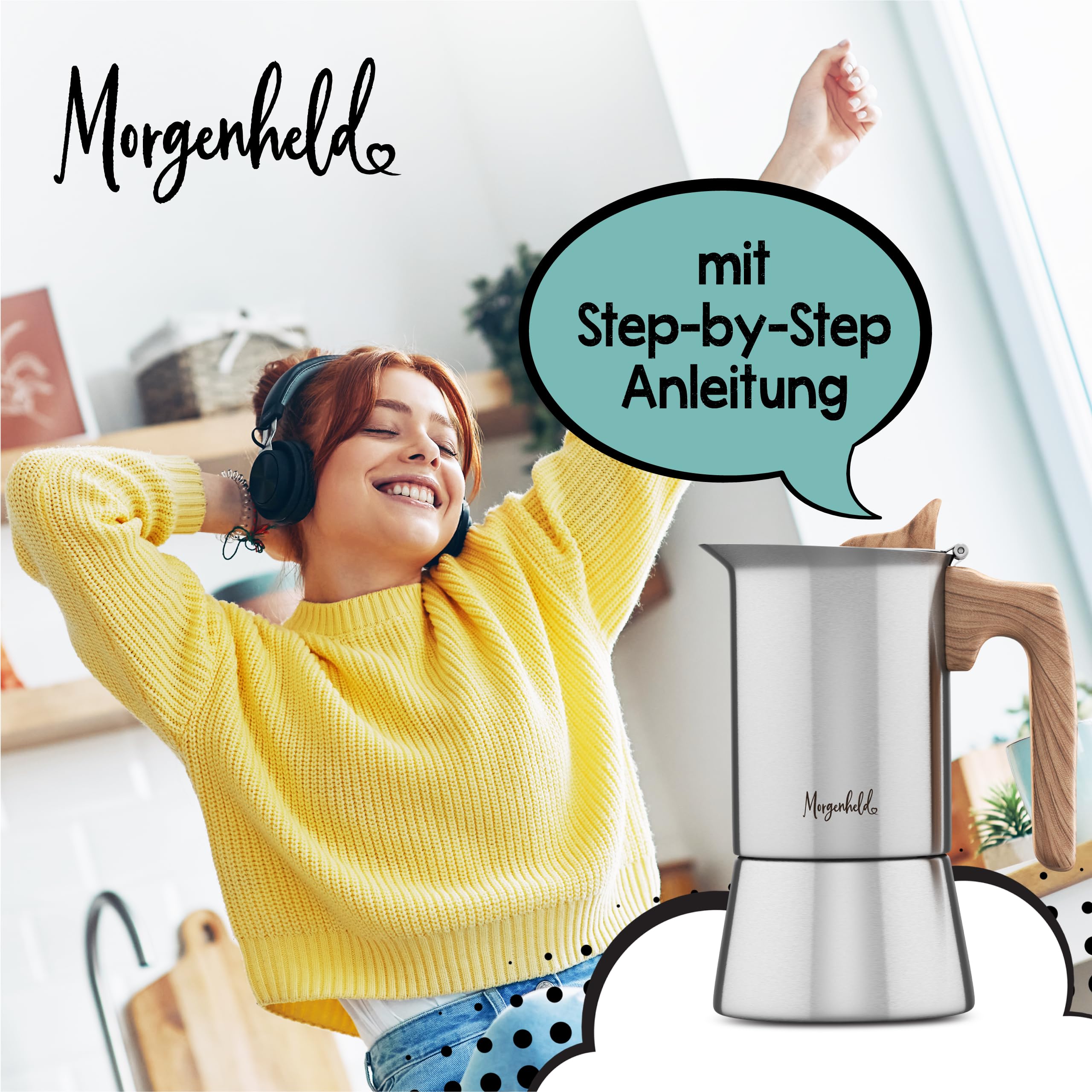 Morgenheld STYLE Espressokocher Edelstahl 6 Tassen (300 ml) – induktionsgeeignet, für alle Herdarten – Mokkakanne mit Spülmaschinen-Einsatz – auch für Camping & Outdoor