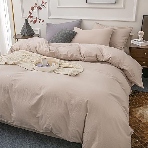 Miniatura 2 de Janlive Juego de funda de edredón de algodón lavado, tamaño Queen, ultra suave, 100% algodón, color camello claro, con cierre de cremallera, 3