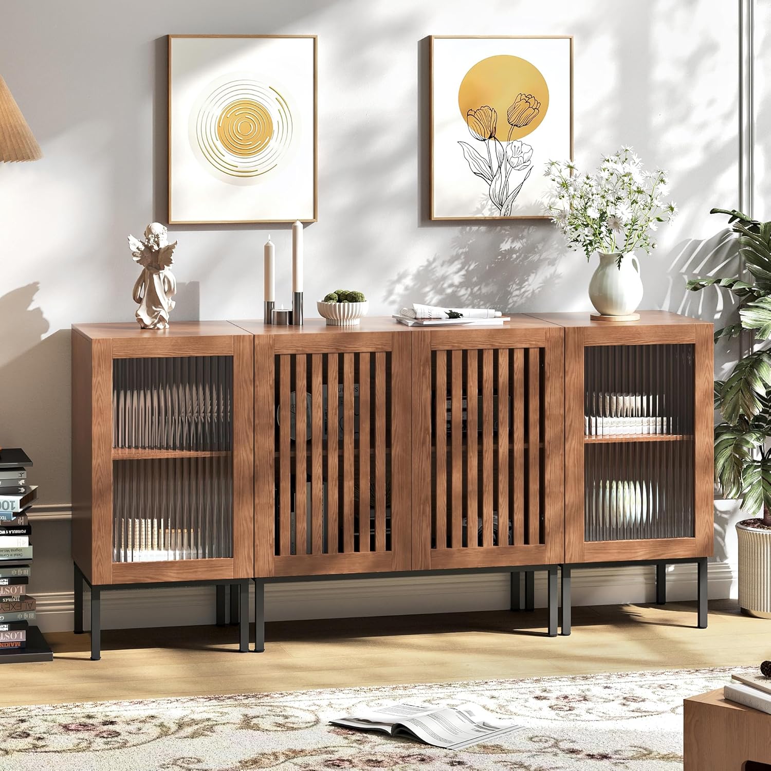 BVIUNTWO Modern TV Stand for TVs up to 70 Inch, Entertainment Center TV Console with Storage Cabinets and Glass Doors, Media Console for Living Room, Brown