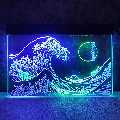 Miniatura 3 de MiMaik Letrero LED de neón The Great Wave Off Kanagawa, letrero japonés de Katsushika Hokusai clásico, arte de pared para habitación, letreros de