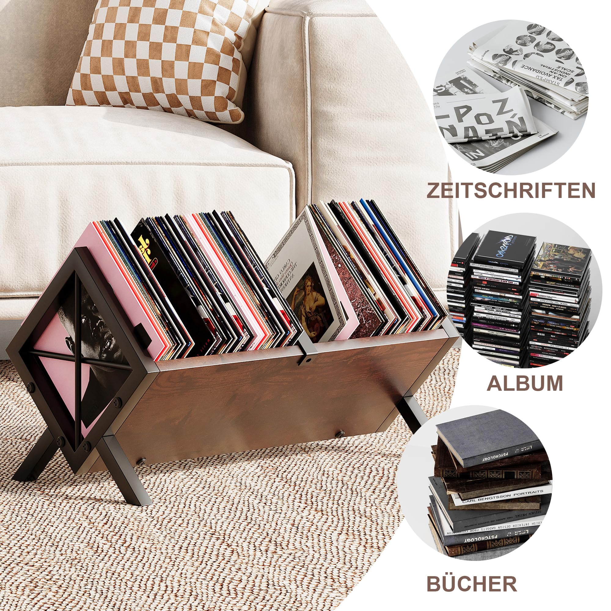 MIN WIN Schallplatten Aufbewahrung, Schallplatten Regal Aufbewahrung für bis zu 80 LPs, Bücherregal Klein, Schreibtisch Regal für Bücher und Magazine