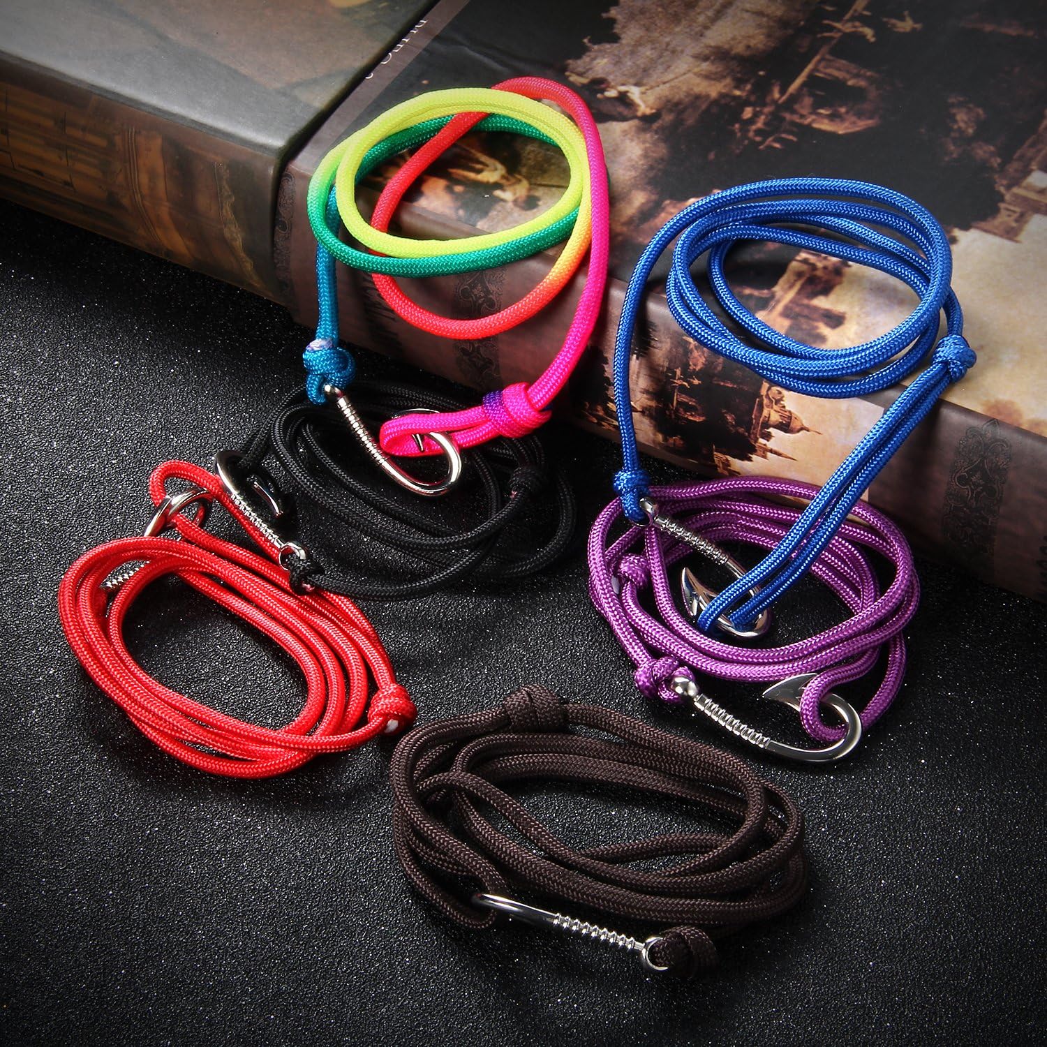 OIDEA 5-6pcs Mens Womens Teens Fish Hook Adjustable Multistrand Military Camouflage Rope Wrist Bracelet for Unisex,31 Inch-Wear as Anklet, Fishhook Pendant Necklace