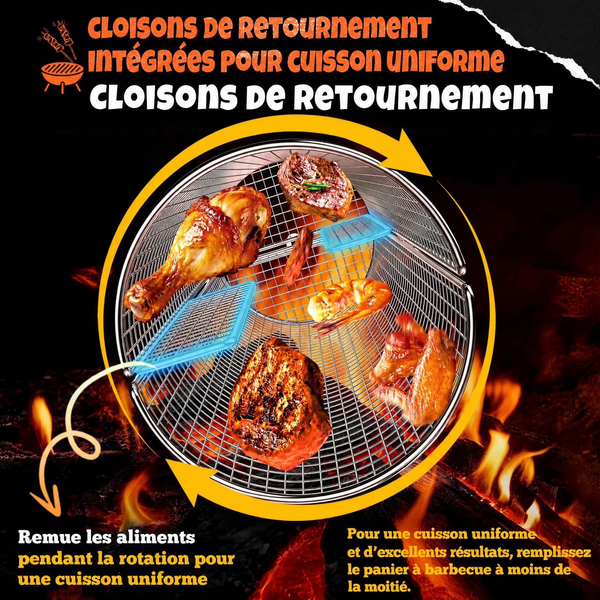 2-en-1 Panier à Barbecue Roulant Rotatif, Inoxydable 304 avec Poignées Détachables Doubles Manivelle et Droite, Accessoires BBQ pour Légumes Crevettes, Cadeau Idée Homme Papa Mari Anniversaire