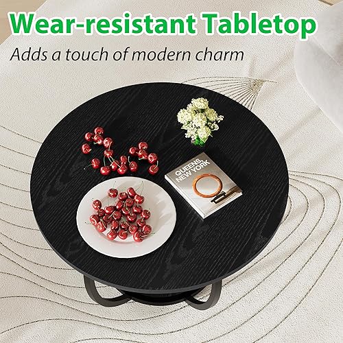 Miniatura 8 de HOMERECOMMEND Mesa de centro redonda, mesas de centro circulares de madera de 2 niveles con estantes de almacenamiento, mesa central decorativa para