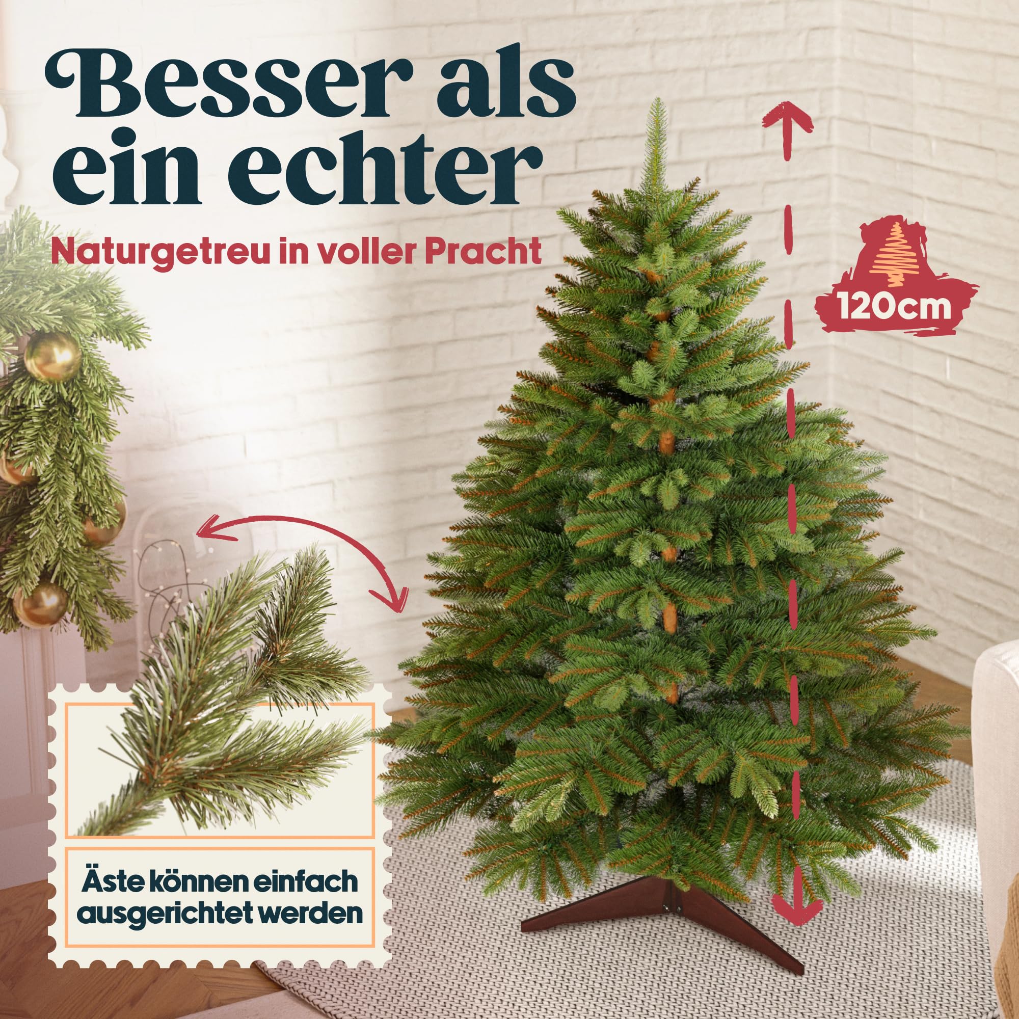 Premium künstlicher Weihnachtsbaum klein 120cm - TESTSIEGER 10 Jahre GARANTIE - Naturgetreuer Weihnachtsbaum künstlich mit Holzständer und Tasche - Christmas Tree Tannenbaum künstlich von Pure Living