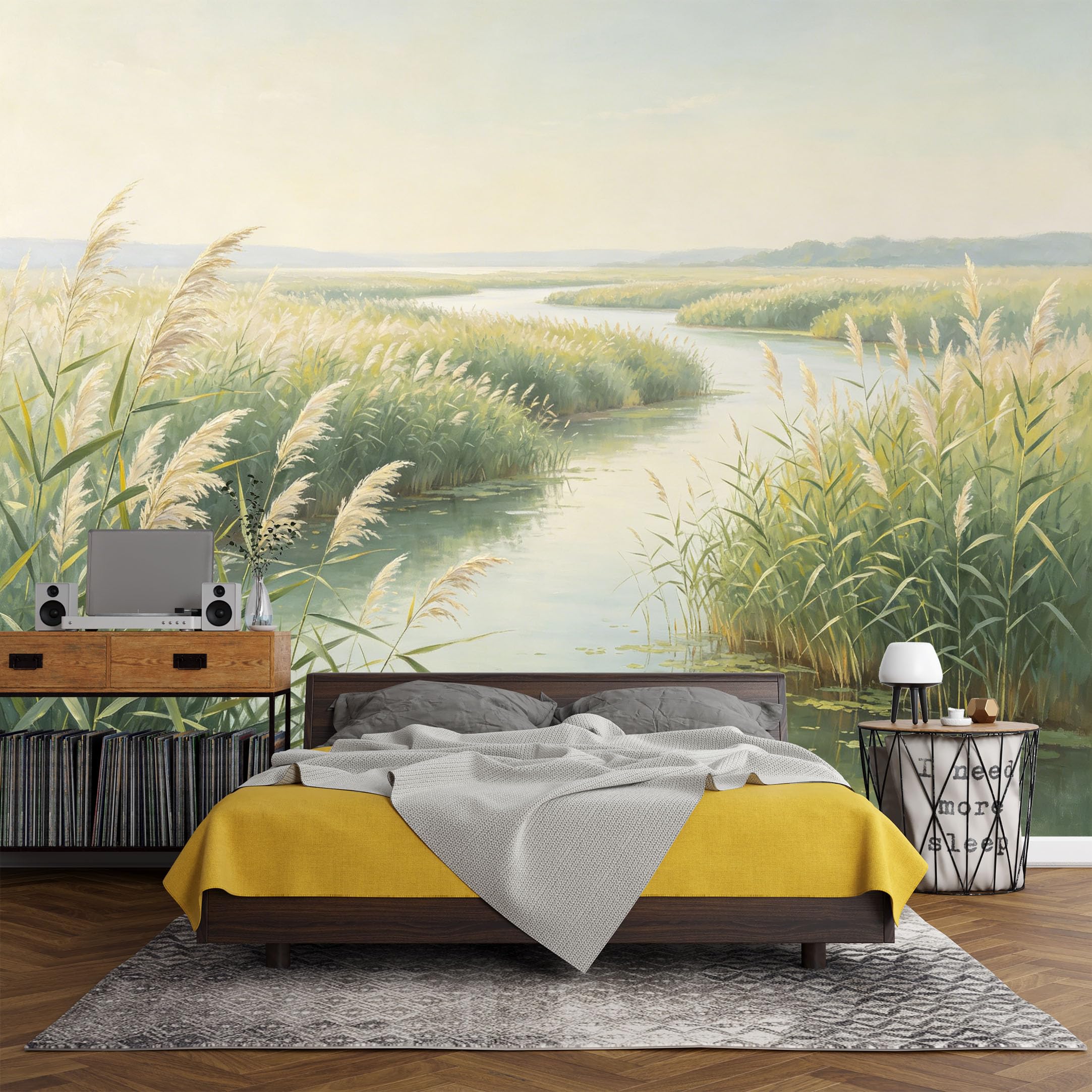 Custom Size Wall Mural， Landscape River Reed Marsh Water Reflection Nature Scene，SelfAdhesive Art Prints wall Fabric (No PVC) Removable Wallpaper Living Room Decor