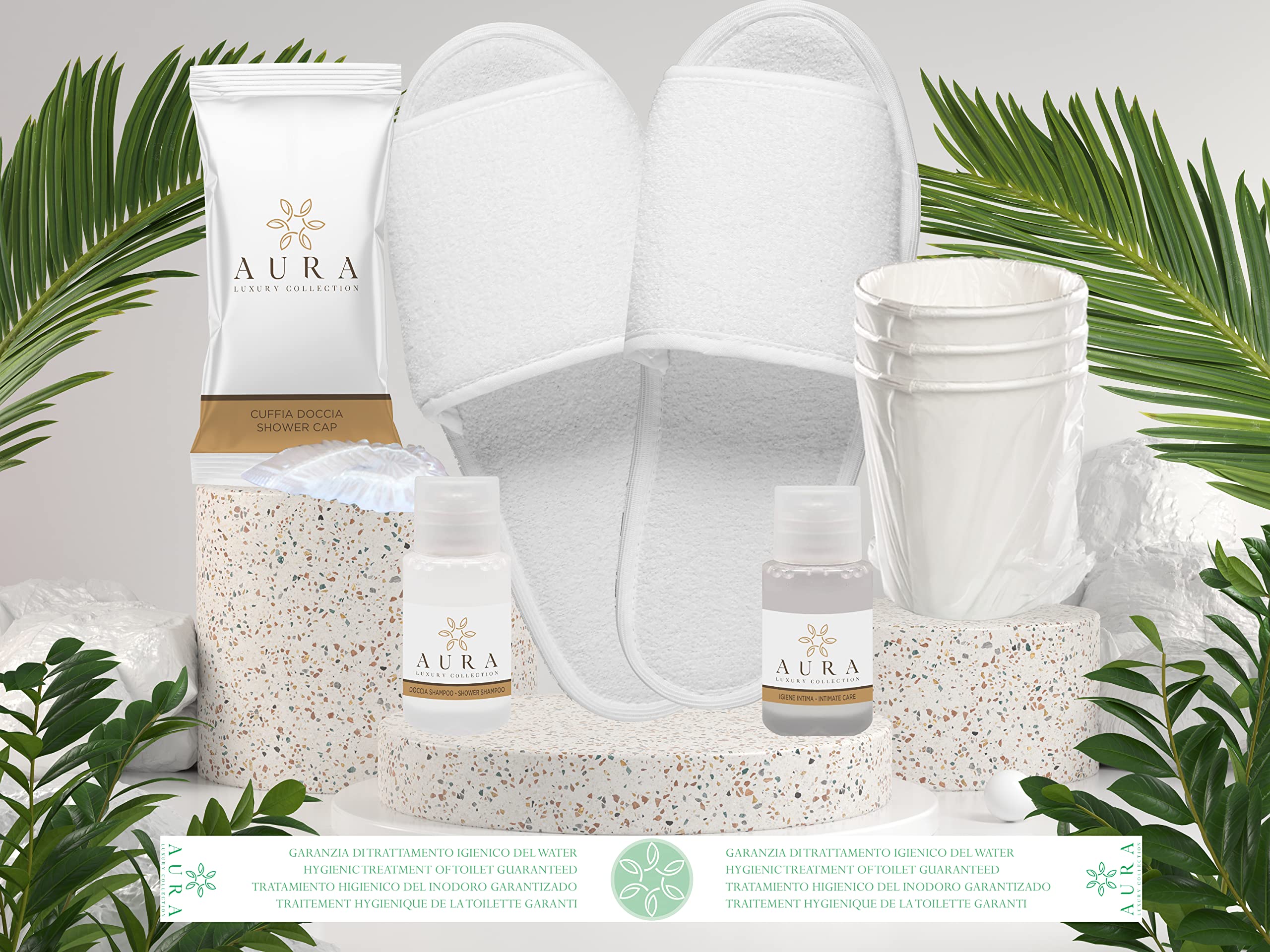 Aura Luxury Collection® Zestaw grzecznościowy 250 sztuk: 70 butelek pod prysznic szampon, 70 butelek do higieny intymnej, 40 słuchawek, 50 zapakowanych kartonowych kubków, 20 par kapci + darmowe 500