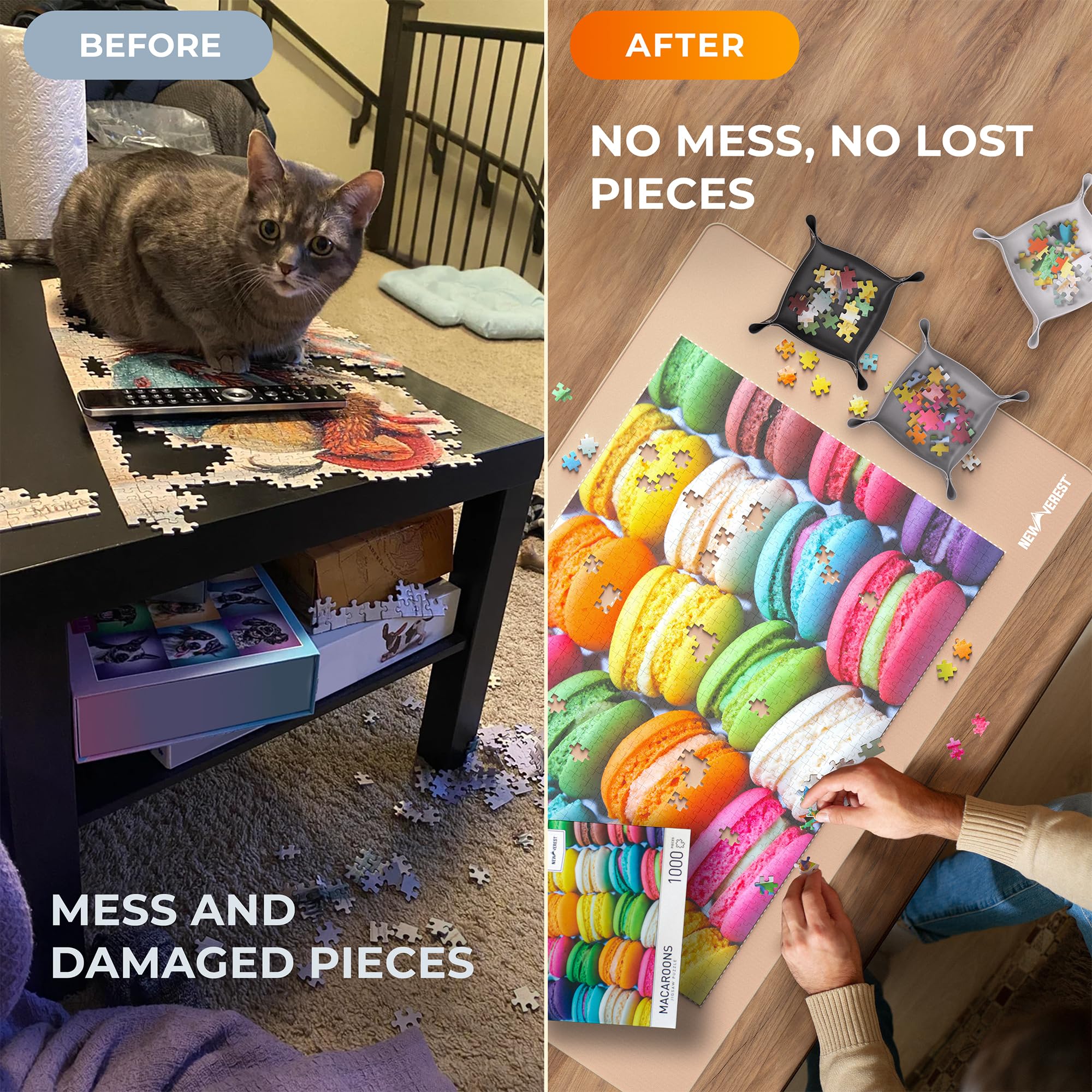 Newverest Tapis puzzle enroulable 100 x 60 cm – Peut contenir jusqu'à 1000 pièces, dessous antidérapant et surface lisse + 3 bols de tri et sac de transport pour les voyages