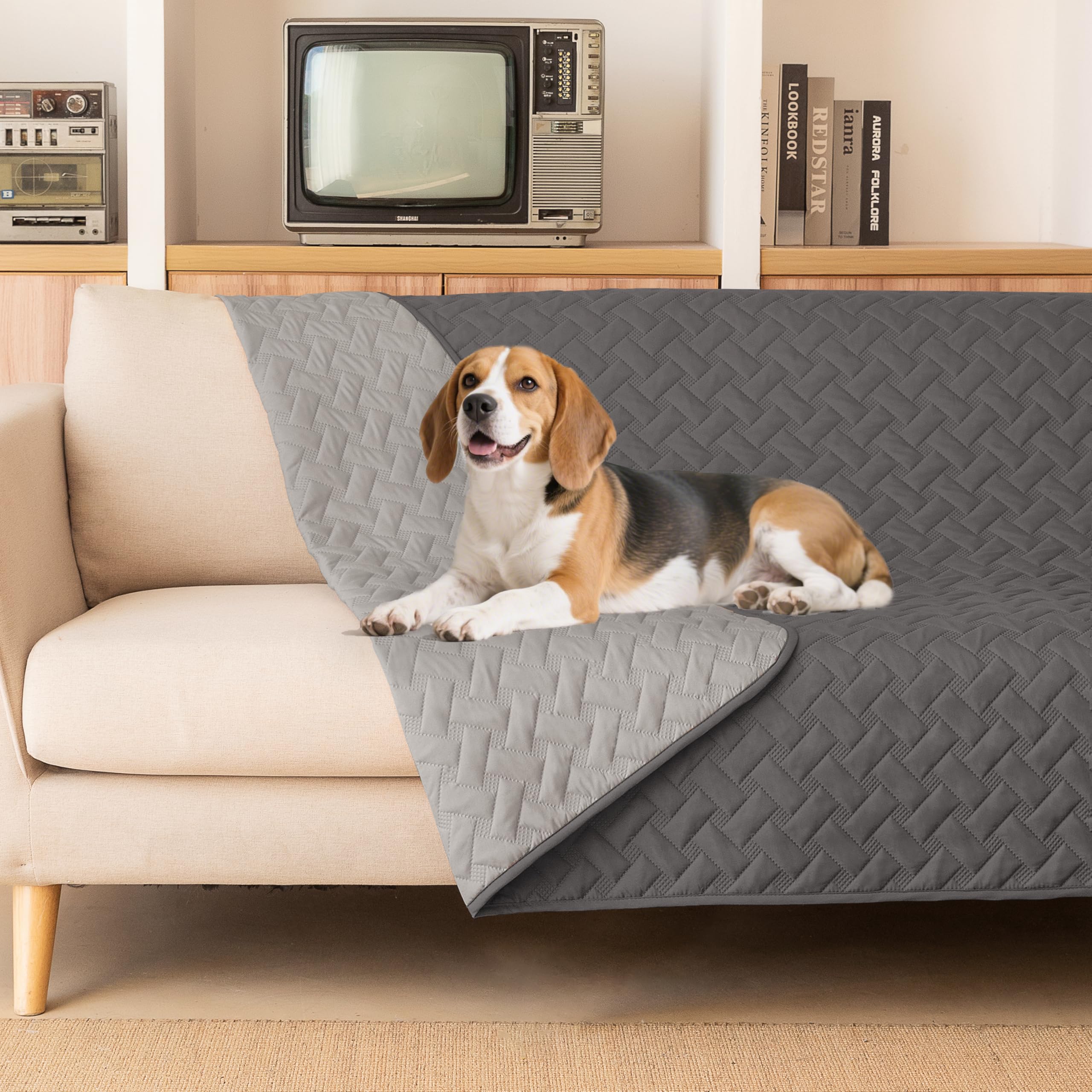 gogobunny 100% Double Sided Waterproof Dog Blanket Soft Pet Bed Cover Reversible Protect Furniture Couch Sofa Car for Puppy Cat Kids (Dark Grey/Light Grey, 52x82 Inch (Pack of 1)) — image 1
