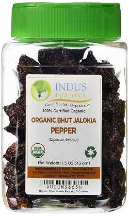 Indus Organics Authentic Indian Bhut Jolokia Chili Pepper Ghost Pepper Whole, 1.5 Oz Jar 30-36 Peppers, Steam Sterilized, High Purity, Freshly Packed