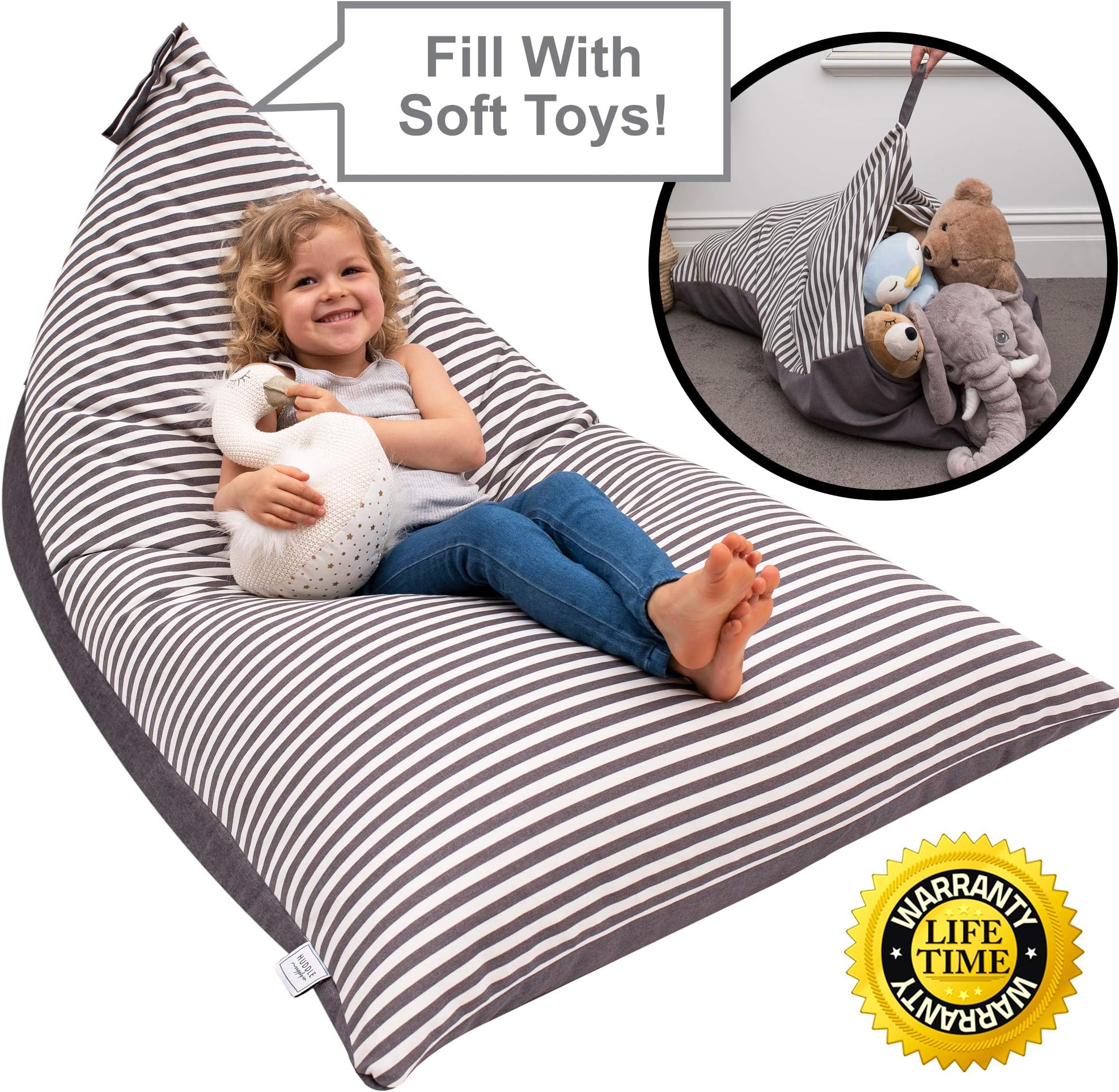 HUDDLE Supply Co Soft Toy Storage Bean Bags for Children - 'Stuffie Seat' Designer Kids Bean Bag Cover for Teddy Storage - Becomes a Kids Bean Bag Chair Your Kids Love | 100% Cotton Premium Canvas