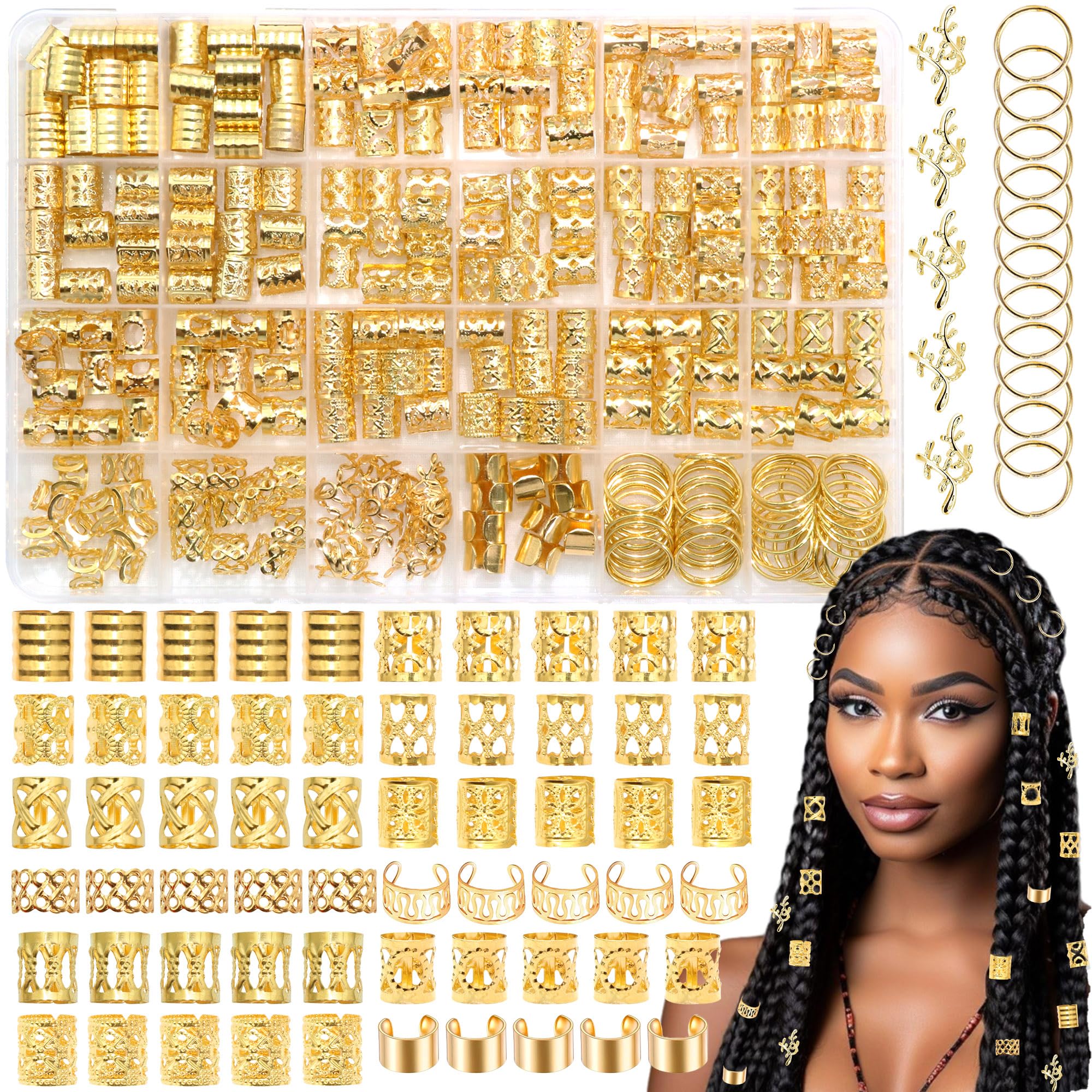 Perles réglables pour extensions de cheveux et bagues dorées anti-glisse pour tresses