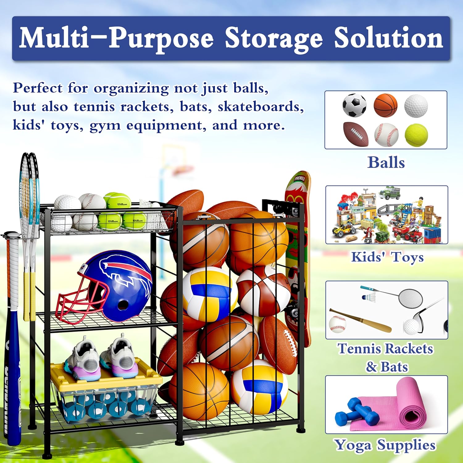 Sports Equipment Organizer, Ball Storage Rack with Elastic Straps and Removable Basket for Garage Organization, Garage Organizer with Hooks for Toy Sports Gear Storage, Sports Ball Storage Cart, Black - Image 7