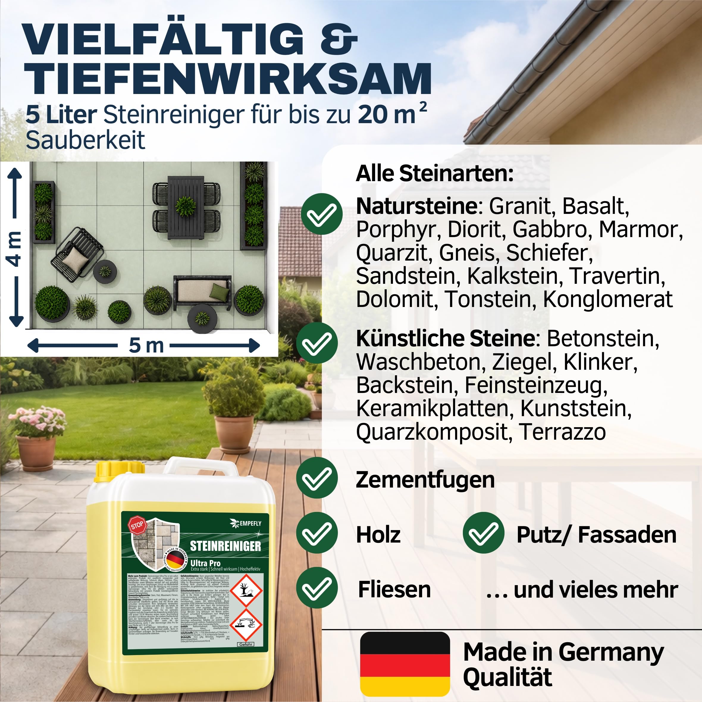 Steinreiniger Ultra Pro, intensiver Steinreiniger mit Sofortwirkung für außen, entfernt Schmutz, Grünbelag, Algen, Pilze und Flechten, Terrassenreiniger, Pflastersteine. (5 Liter Kanister)