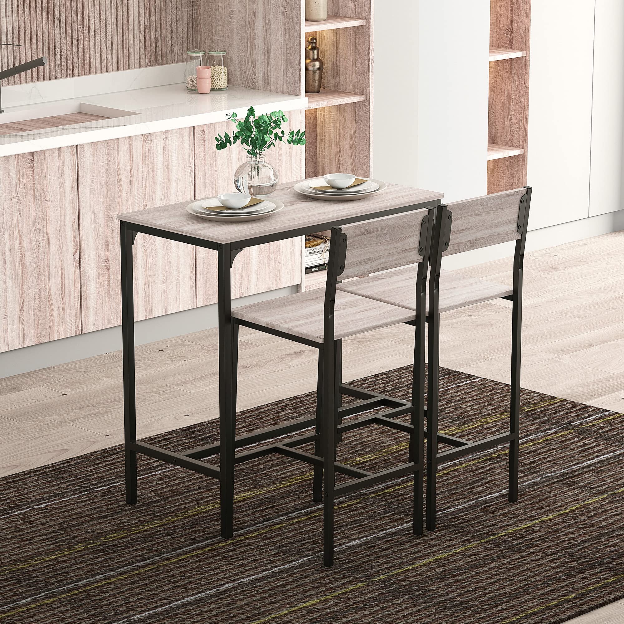 HOMCOM Conjunto Mesa Alta de Cocina con 2 Taburetes, Mesa de Bar Alta, Ahorro de Espacio, para Pisos Pequeños, Comedor, Balcón o Isla Cocina, Estilo Industrial, 89x45x87 cm, Natural y Negro