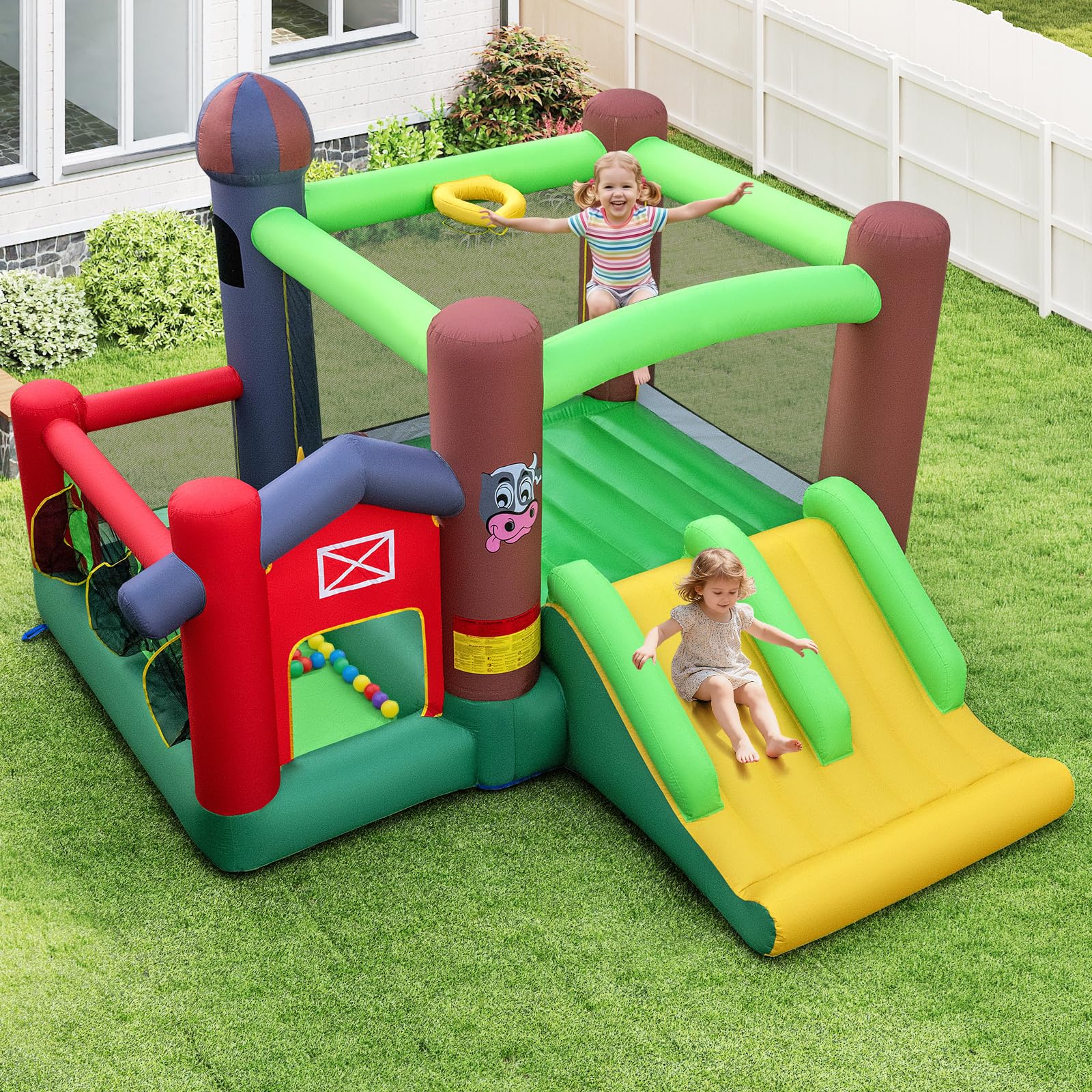 COSTWAY Castello Gonfiabile per Bambini con Soffiatore 680W, Grande Casa Gonfiabile con Doppio Scivolo, Piscina di Palline e Gioco di Lancio ad Anelli, da 3 a 12 Anni, per Interno o Esterno