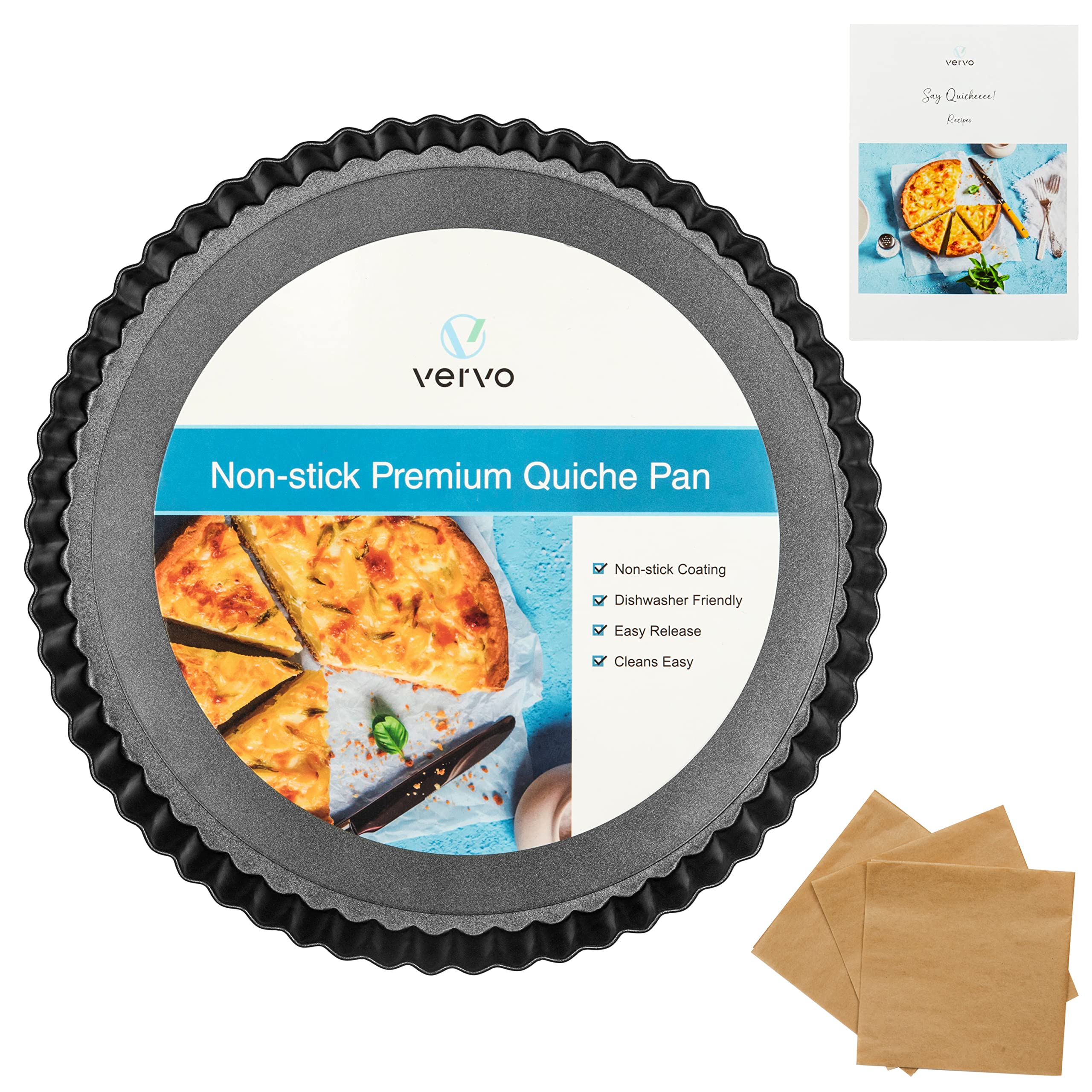 Vervo Tart Pan, 9 Inch Carbon Steel Quiche with Removable Bottom, Non-Stick, Fluted, 9.5" Top Diameter, 9" Bottom Diameter, Black - Image 3