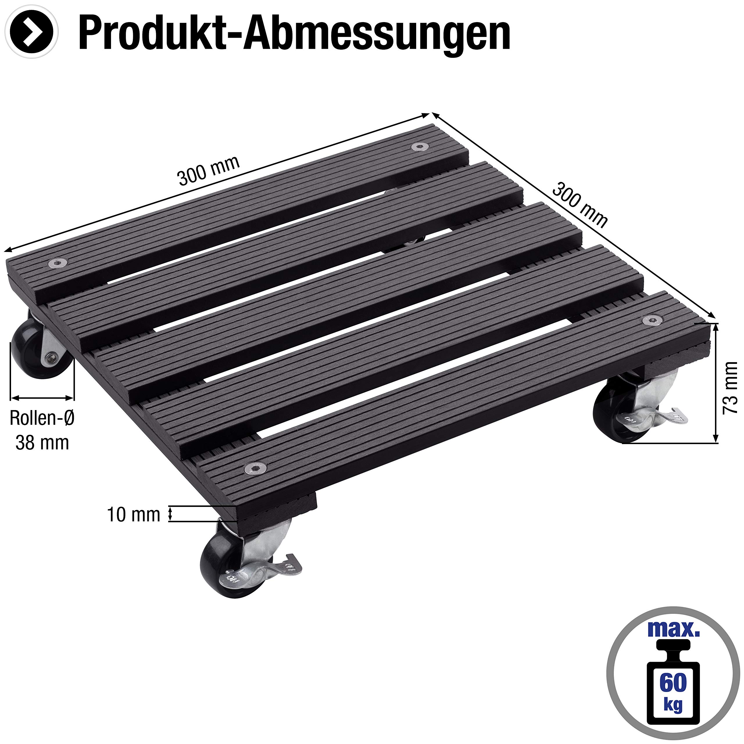 Metafranc WPC-Pflanzenroller 300 x 300 mm-60 kg Tragkraft-Anthrazit-PP-Räder-Feststeller-Witterungsbeständig/Outdooroller/Untersetzer mit Rollen/Transporthilfe für Pflanzen / 825110 (Packung mit 4)