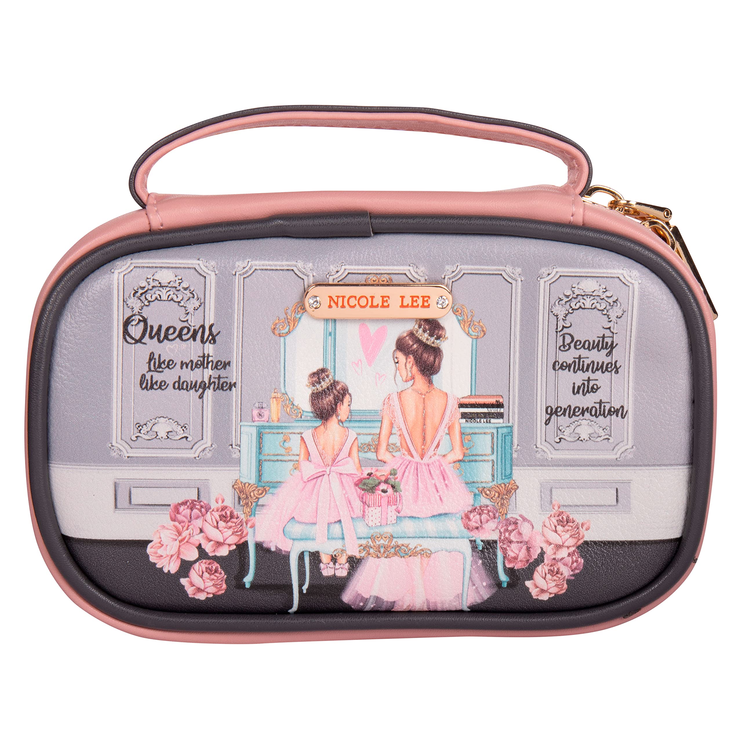 NICOLE LEE Amparo Small Fashion Jewelry Organizer Handbag, Earring and Ring Holders, Extra Zip Pocket, Travel Case (Double Queens)