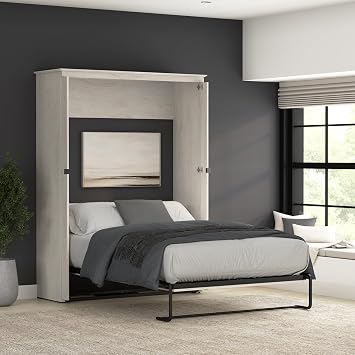 Bestar Key West 63W Full Murphy Bed, Space-Saving Sleeping Arrangement for Multipurpose Area, Bedroom, Guest Room, or Living Room in Linen White Oak | Supports up to 1000 lb; min. ceiling height 87 in.; dual piston mechanism; for guest room or multipurpose space