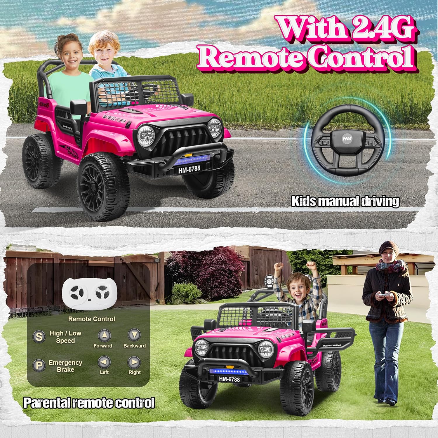 2 Seater Ride on Car for Kids, 24V Electric Power Ride on Truck Toy with Remote Control, 200W Motor, LED Lights, Music, 3 Speed, 4 Wheel Suspension Spring, Soft Start, Safety Belt