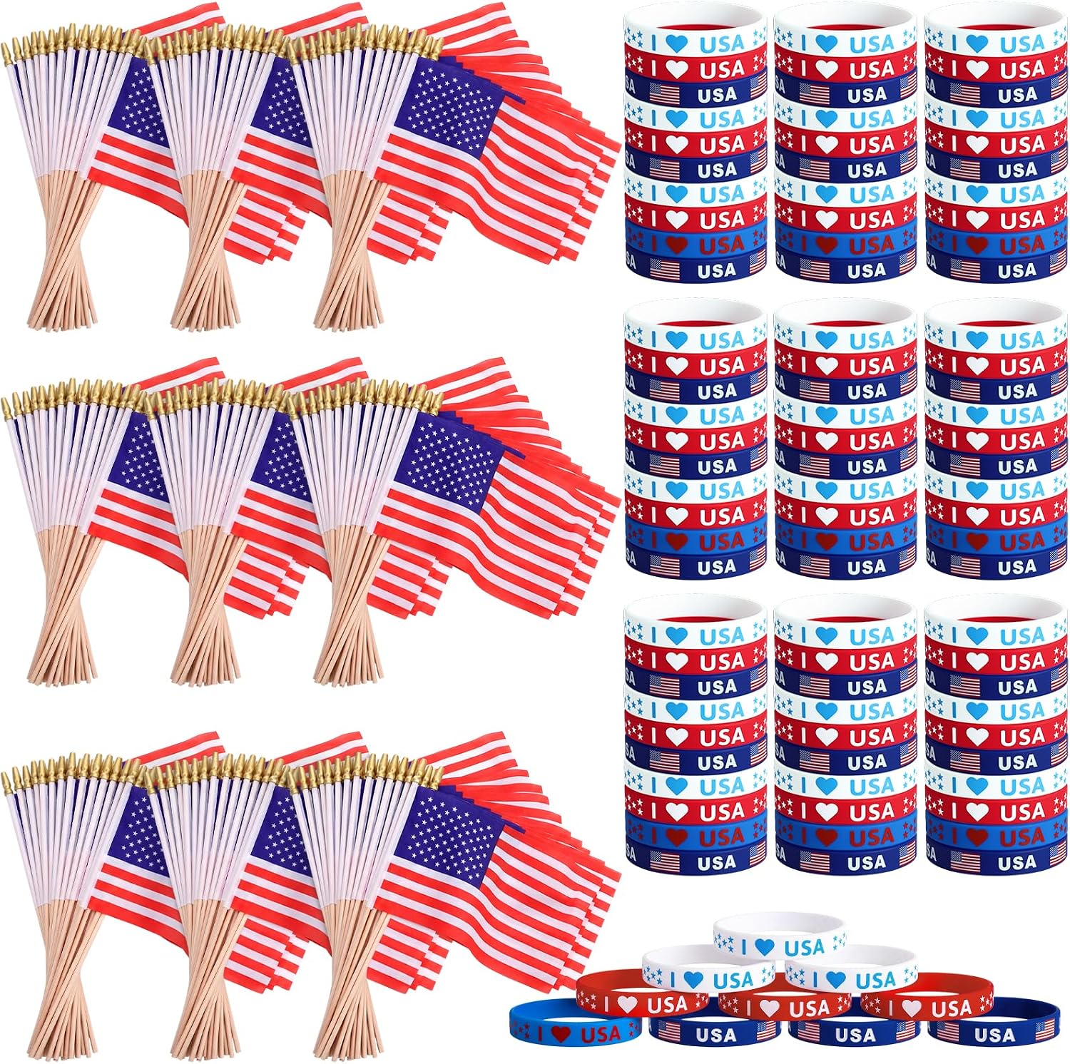 Breling Patriotic Party Favors USA Silicone Bracelet and Small Handheld American Flag on Stick 4th of July Wristbands Accessories for Independence Day Memorial Day 250th Anniversary Decor