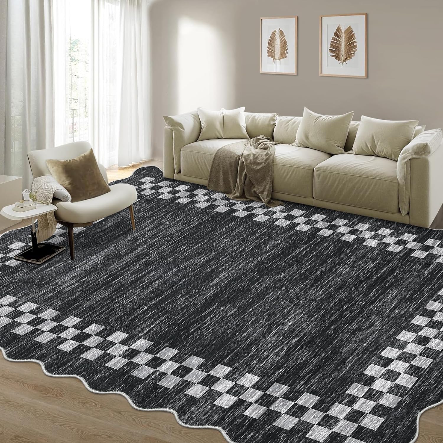 garveehome area rug 6x9 large living room modern border throw rug with rubber backing stain resistant dining room throw carpet washable scalloped rug for bedroom home decor office, grey scalloped dark grey 6' x 9' (rectangular)