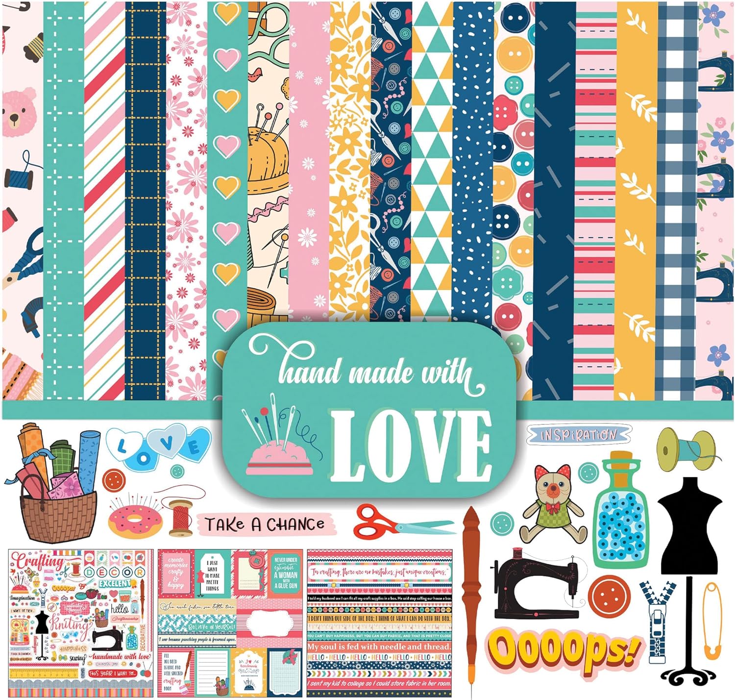 Inkdotpot Handmade with Love, Sewing Craft Collection Double,Sided Scrapbook Paper Kit Cardstock 12"x12" Card Making Paper Pack of with Sticker Sheet - 16 Pages - Multicolor