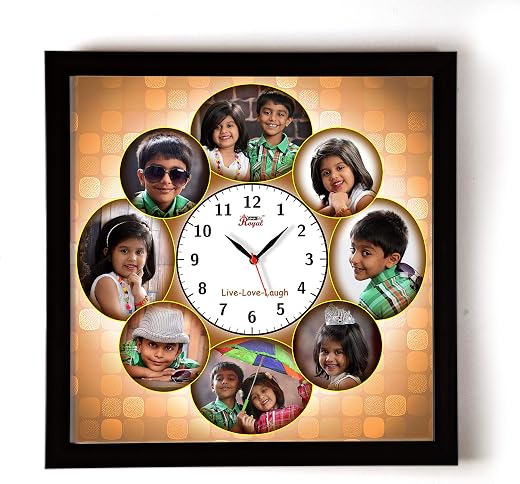 AJANTA ROYAL Synthetic Wood Personalized Photo Frames With Analog Clock Watch (12" X 12" Inch) (Black)