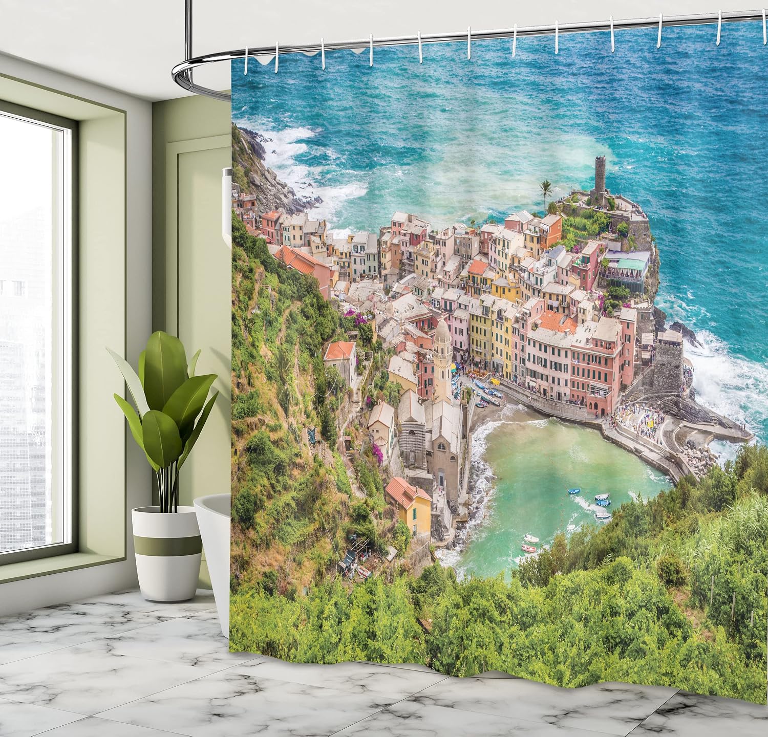 Ambesonne Coastal Shower Curtain, View of Vernezza Famous Fisherman Village Cinque Terre Italy Ligurian Sea Artwork, Cloth Fabric Bathroom Decor Set with Hooks, 69" W x 75" L, Blue Green