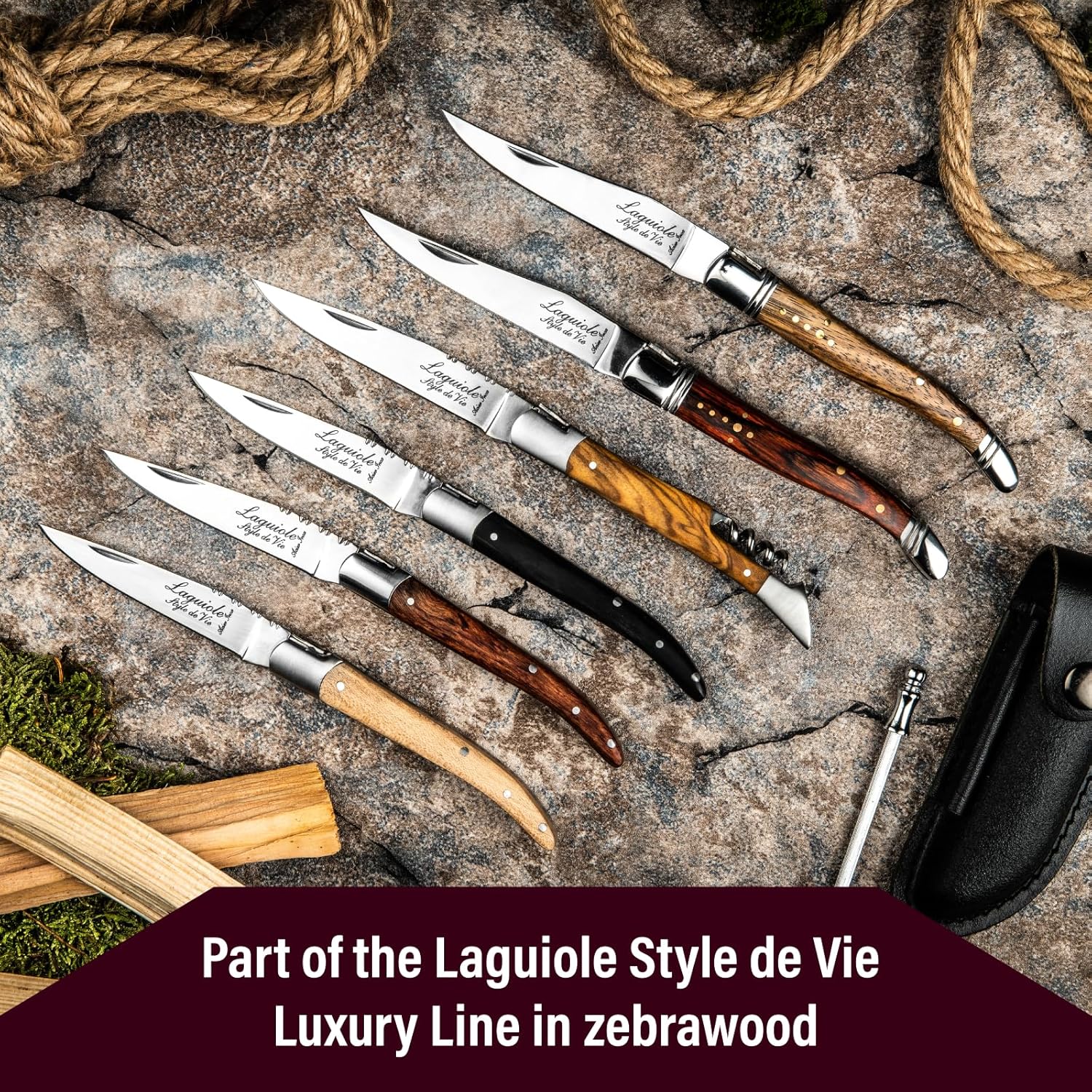 Laguiole Style de Vie pocket knife with sharpening steel, leather pouch and giftbox, zebranowood
