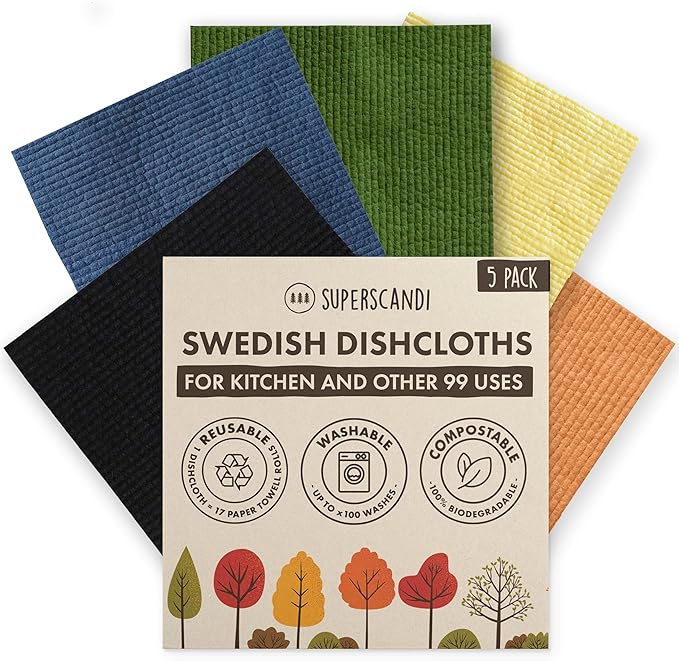 SUPERSCANDI 5 Pack Swedish Dishcloths for Kitchen - 100% Biodegradable & Compostable Reusable Paper Towels Washable, Food-Safe & Without Plastic - Dish Rags Suitable for Any Surface, Premium, Mix