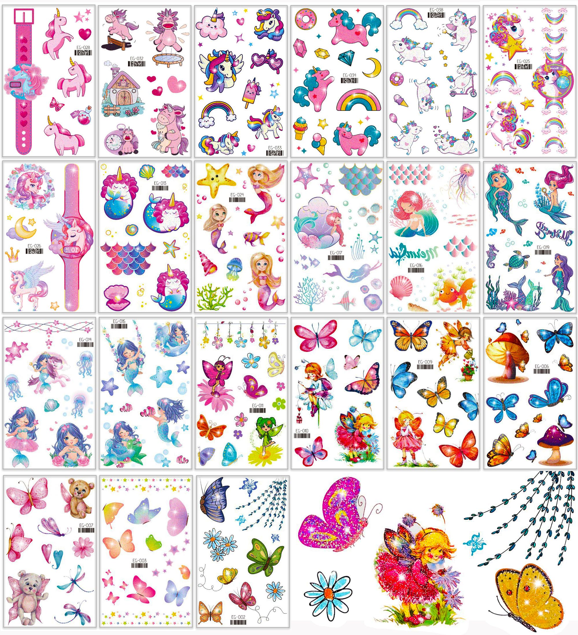 Rosymormor 21 Hojas Tatuajes Temporales Purpurina para Niñas, 300+ Diseños Mariposas Hadas Sirenas Unicornios Pegatinas Impermeables, Tatuaje Falso de Niños para Fiestas de Cumpleaños, Regalos