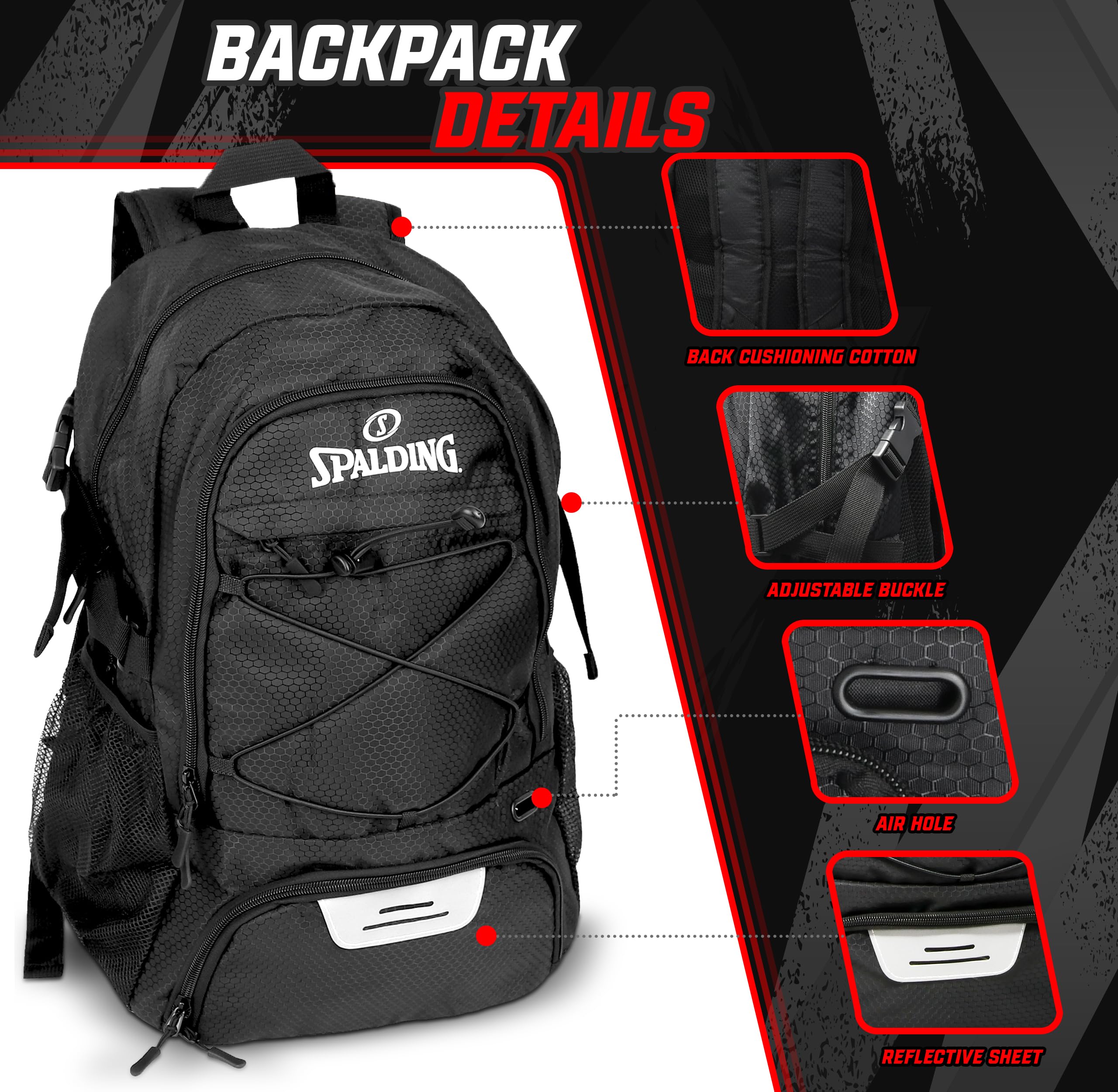 Spalding Fußball-Rucksack, Sporttasche, Fußballtasche mit Ball- und Schuhfach, Verwendung für Tracktaschen, Basketball, Sportball