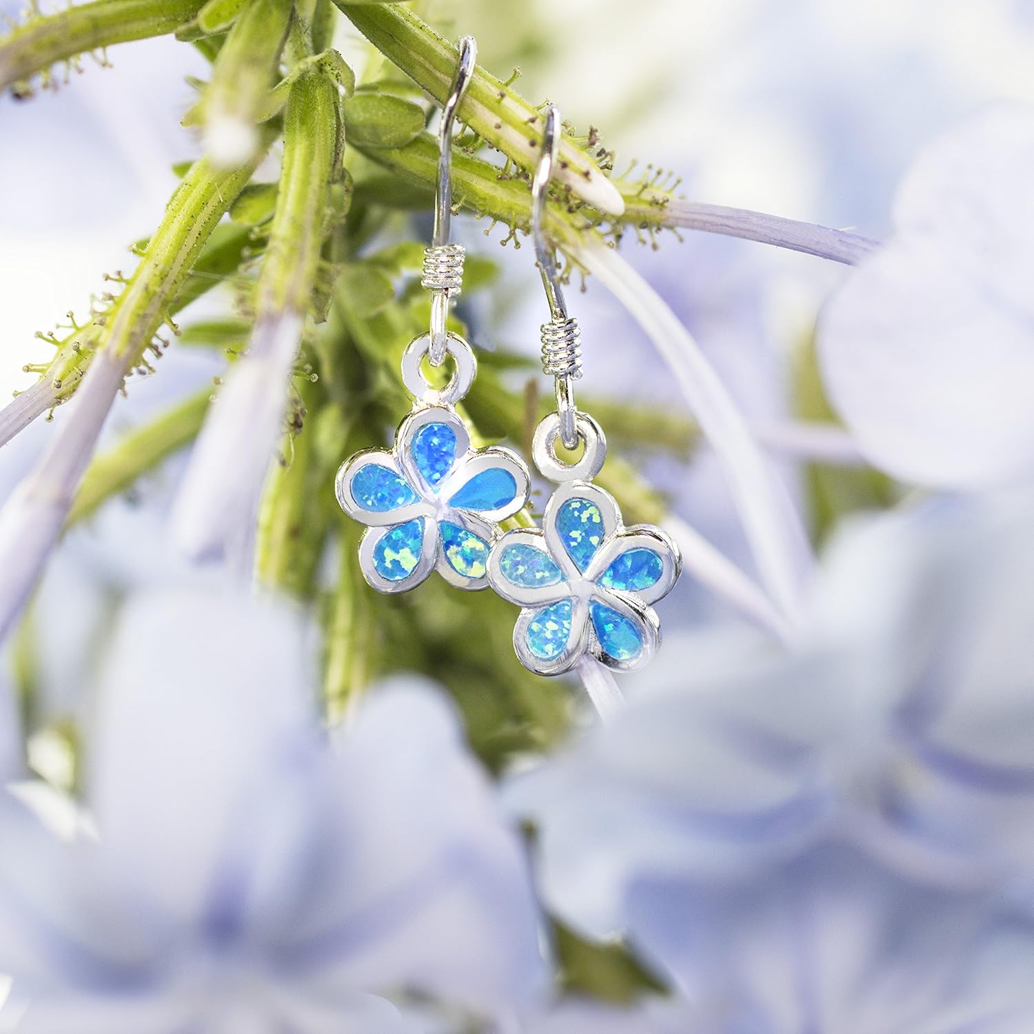 Sterling Silver Plumeria Flower Hook Earrings with Simulated Blue Opal - Image 4