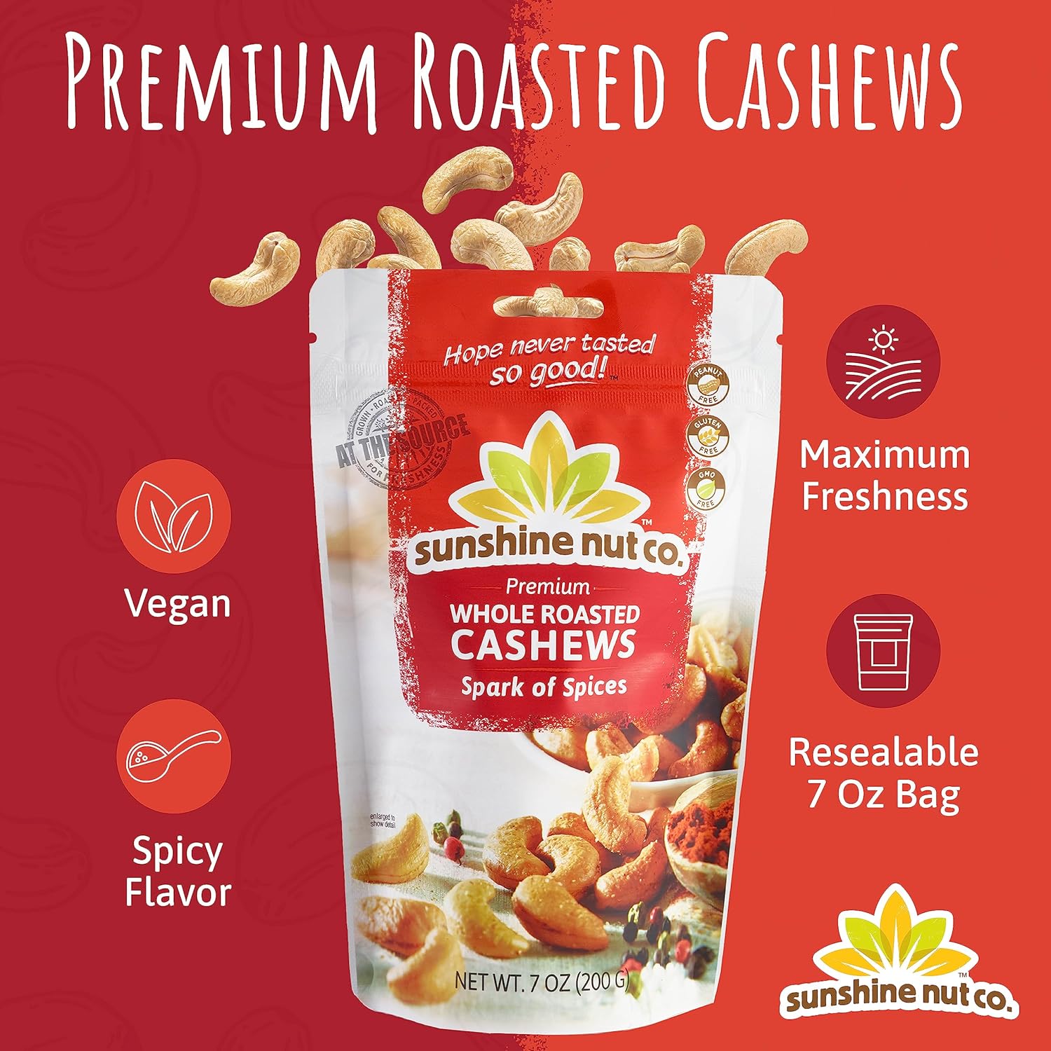 Sunshine Nut Company Whole Roasted Lightly Salted Cashews, Spark of Spices Flavor, 6 Pack, 7 oz. Each, Gluten Free, Peanut Free and Vegan Individual Snack Packs for Kids and Adults, GMO Free