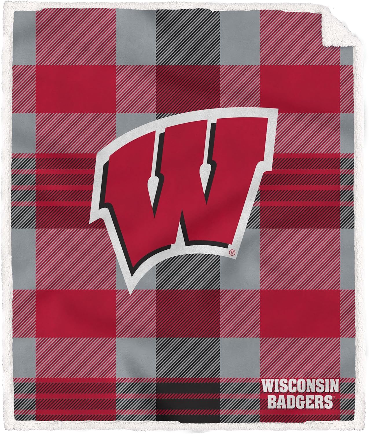 NCAA Wisconsin Badgers Plaid Steel Royal Plush Sherpa Blanket