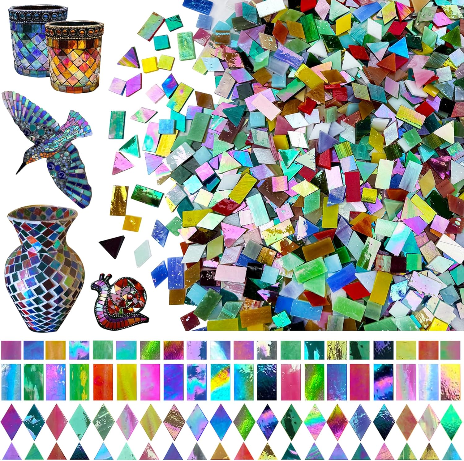 LITMIND 2800 Pcs Iridescent Stained Glass Mosaic Tiles – Assorted Colors, 4 Shapes (Square, Rectangle, Diamond, Triangle) Bulk Mosaic Glass Pieces for Crafts & DIY Art Projects