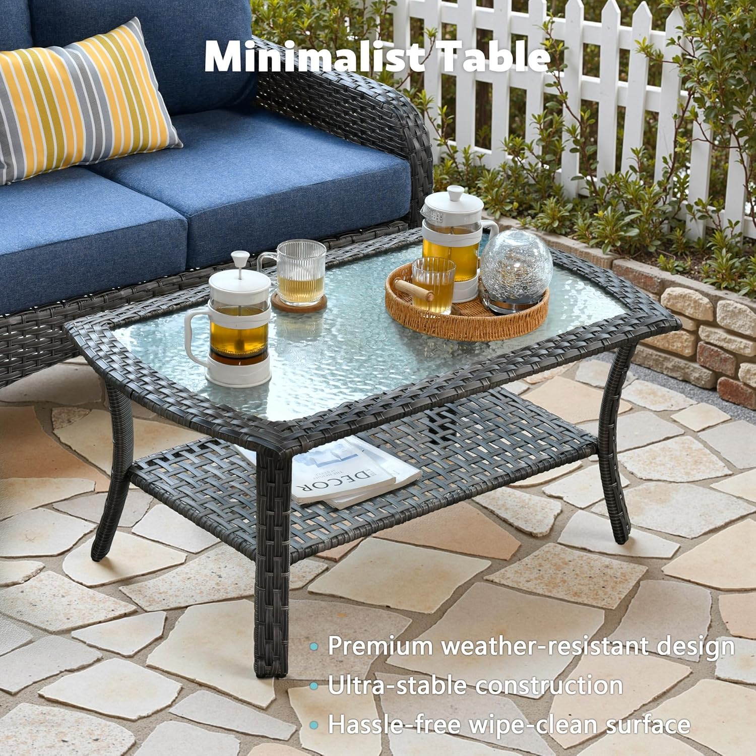 4-Piece Wicker Patio Furniture Set, All-Weather Rattan Conversation Bistro Loveseat Chair and Table Set for Backyard, Balcony and Deck with Soft Cushions and Metal Table(Blue)