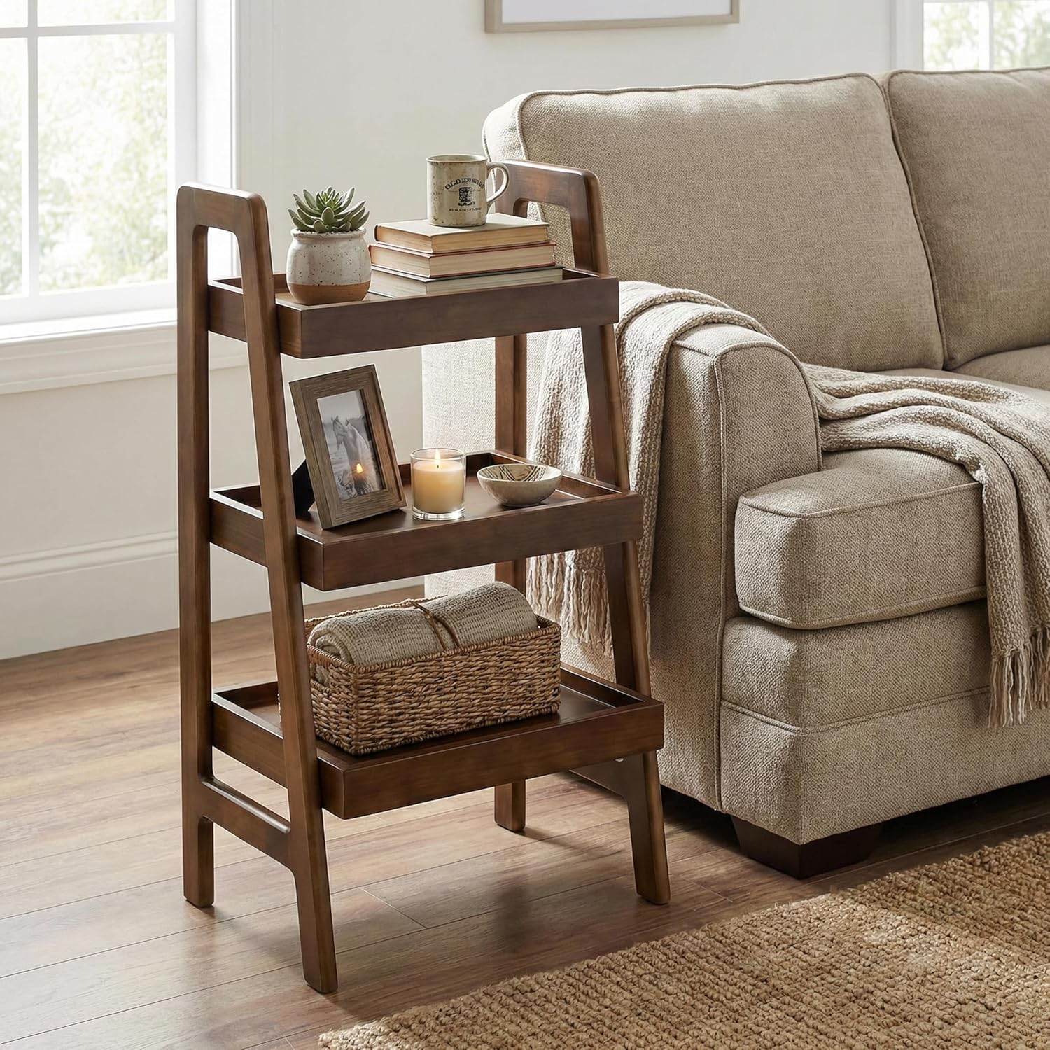 Solid Wood Ladder Shelf, 3 Tier Small Bookshelf, 100% Solid Sofa Table with Open Storage Shelves, Wooden Display Shelf for Living Room Bedroom Study Home Office, Walnut