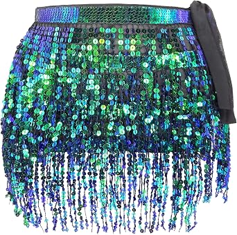 4-Layer Sequin Fringe Skirt - Sparkly Tassel Belly Dance Hip Scarf - Glitter Rave Skirt for Women Girls