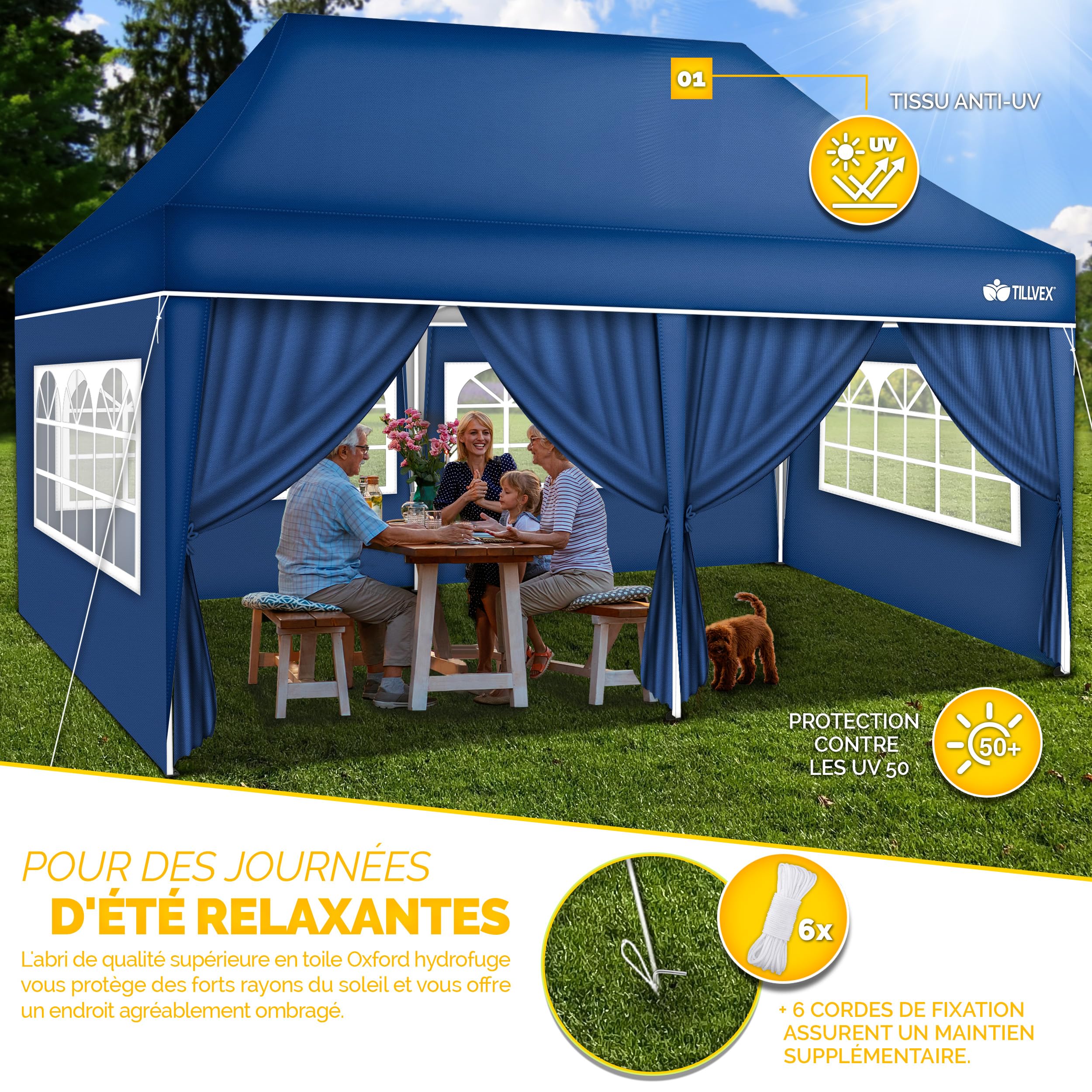 tillvex Tonnelle étanche 3 x 6 m pliable pop-up réglable en hauteur | Tente de jardin, protection UV 50+, tente de réception avec sac (bleu, avec 6 panneaux latéraux)