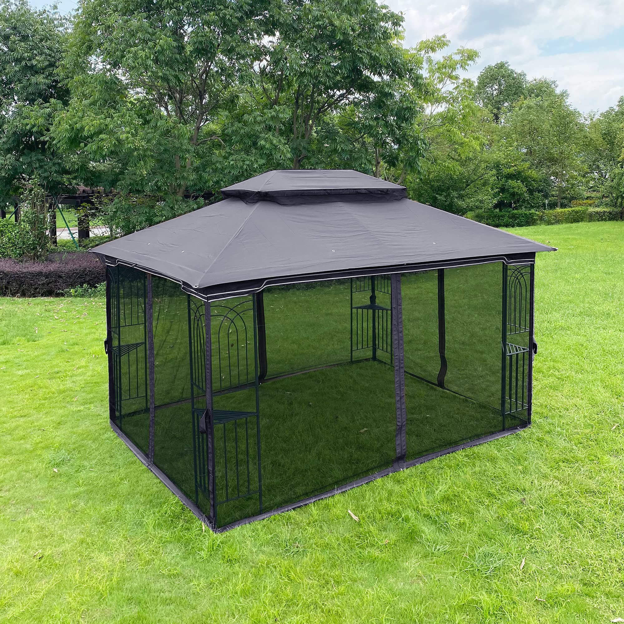 Pawilon ogrodowy 4 x 3 mm, wodoszczelny, odporny na warunki atmosferyczne metal i w 100% materiał hydrofobowy, podwójny dach dla lepszego dopływu powietrza, z siatką przeciw owadom, z pierścieniami do roślin (szary)