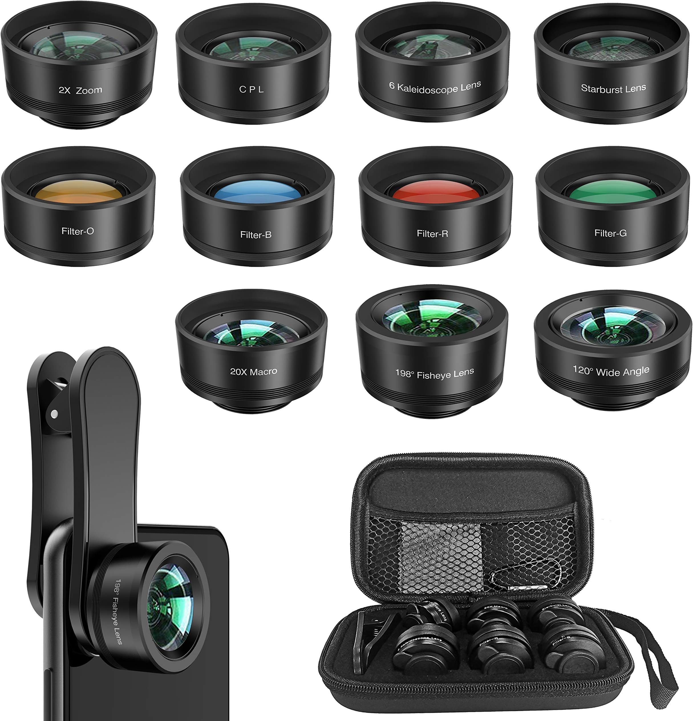 Phone Camera Lens,11 in 1 Cell Phone Lens Kit for iPhone and Android, 0.36X Wide Angle Lens+198°Fisheye Lens+20X Macro Lens+Zoom Telephoto Lens+CPL+Kaleidoscope Lens+Starburst Lens+4 Color Filter Lens