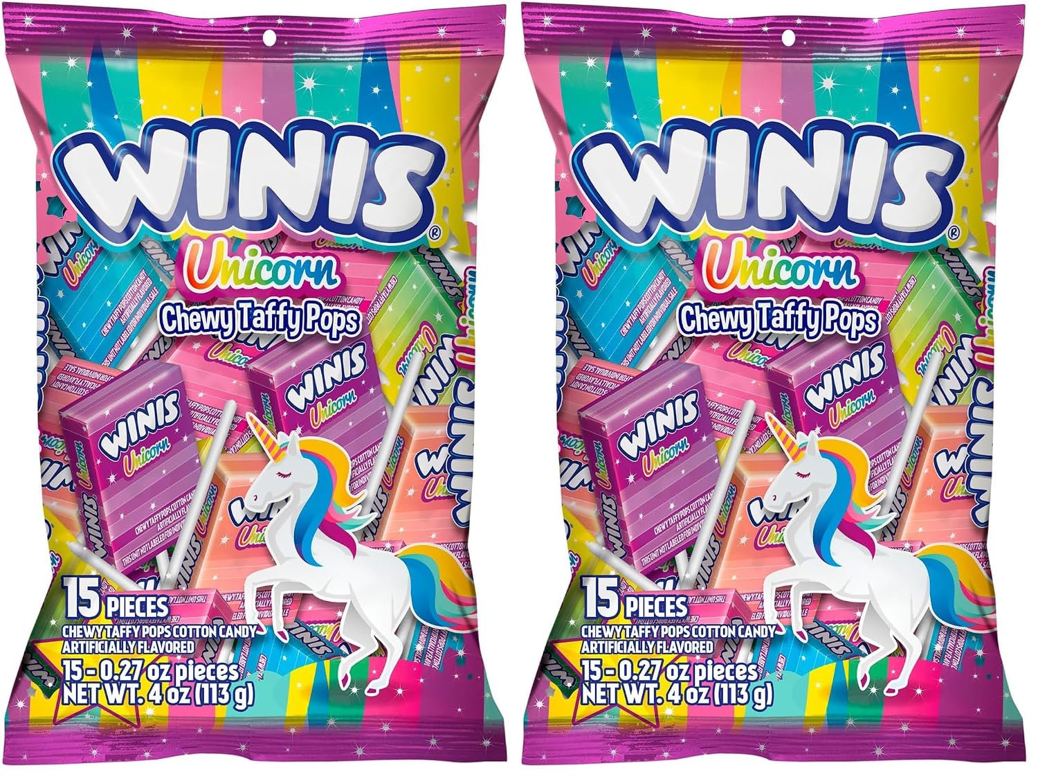 Winis Unicorn | Chewy Taffy Pops | Cotton Candy Flavored | Sharing Size 4.3 Oz Bag - 15 Pieces | Easter Candy Variety Bag (Pack of 2)