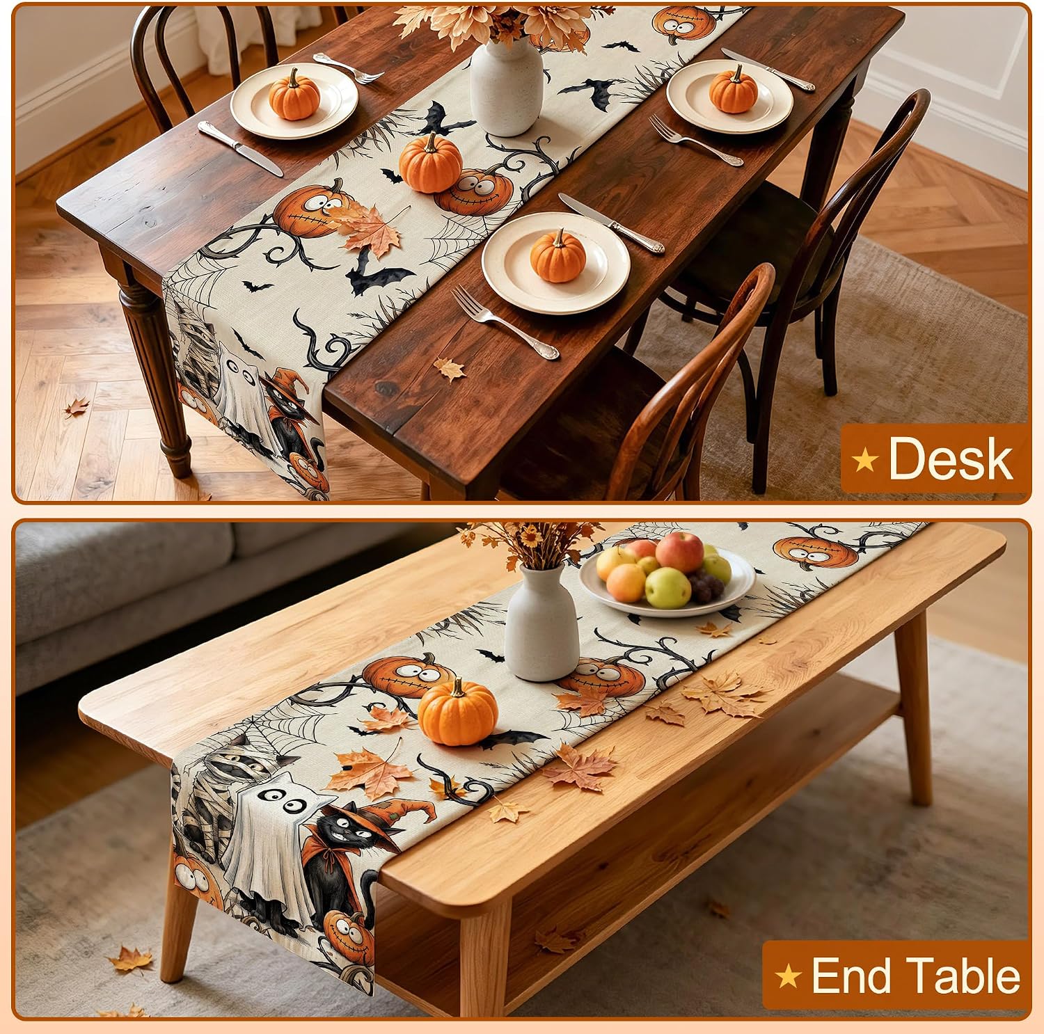 Halloween Table Runner 13x72 inch, Spooky Cat Ghost Decor