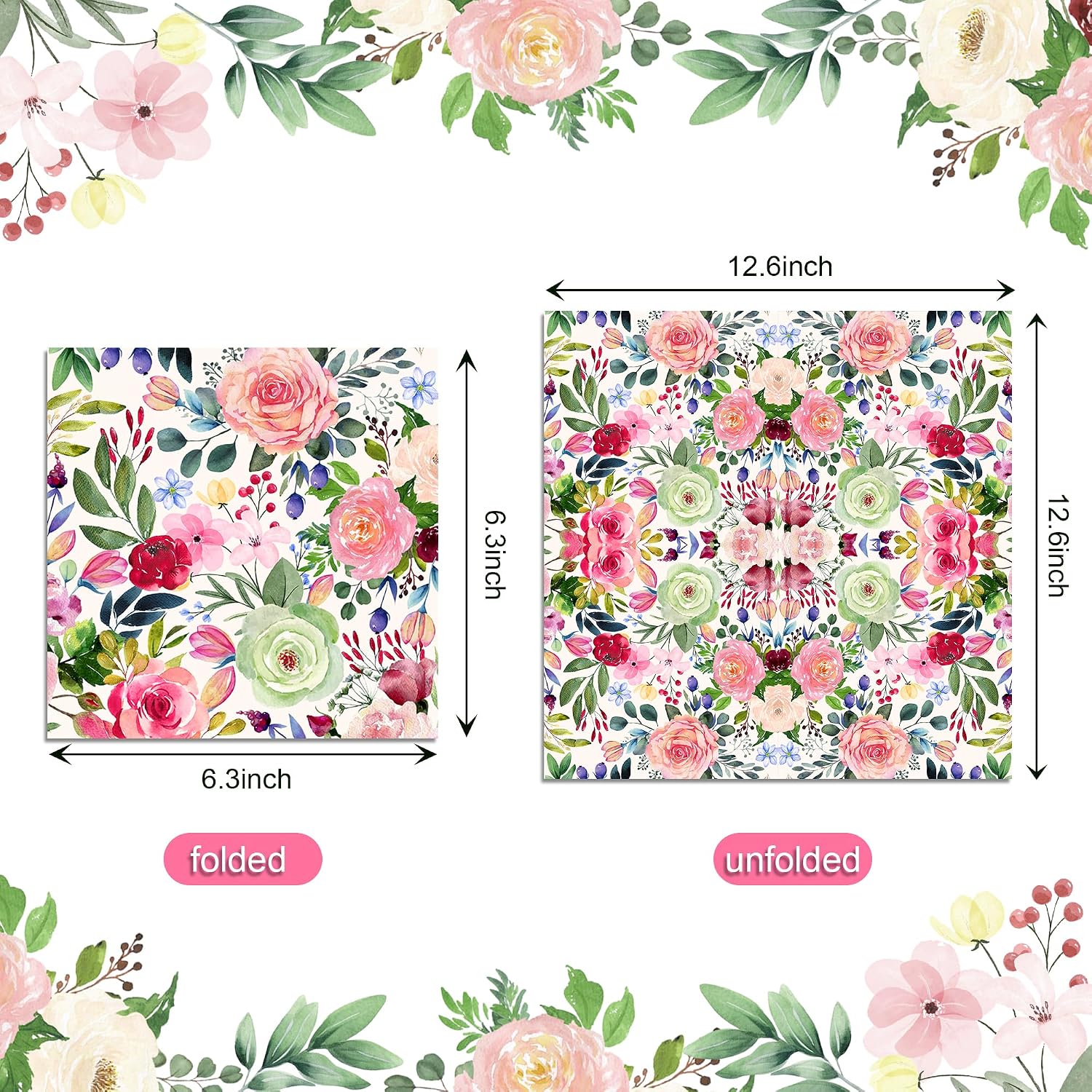 Watercolor Floral Paper Napkin, 40PCS Rose Flower Napkins Disposable Luncheon,Flower Party Supplies Birthday Decorations,Floral Party Dinner Paper Napkins for Wedding,Baby Shower,Birthday, 6.5" x 6.5" image 2