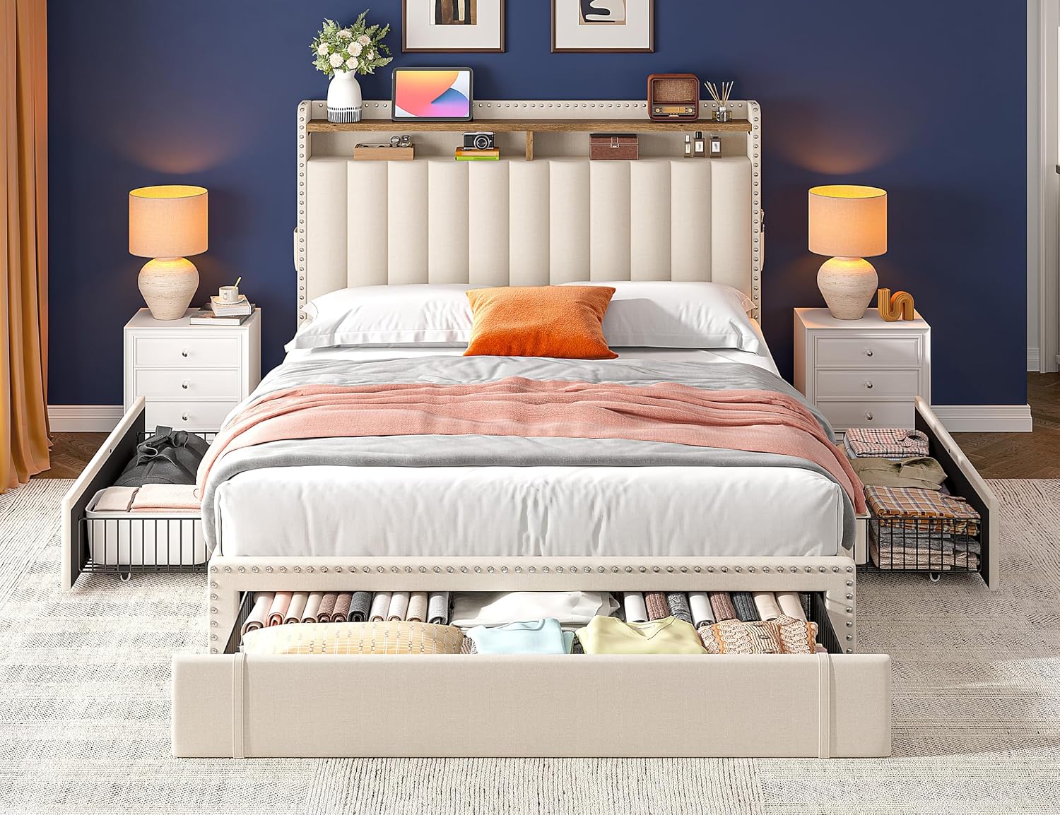 EnHomee King Size Bed Frame, Upholstered King Bed Frame with 4 Storage Drawers & 2-Tier Headboard Shelves, 1200LBS Heavy Duty, No Box Spring Needed, Easy Assembly, Beige