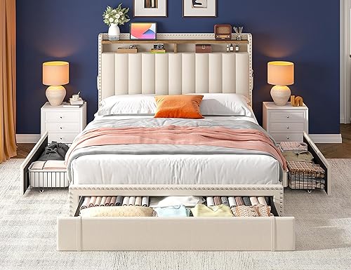 Miniatura 8 de EnHomee Base de cama tamaño King, base de cama tapizada tamaño King con 4 cajones de almacenamiento y estantes de cabecera de 2 niveles, resistencia